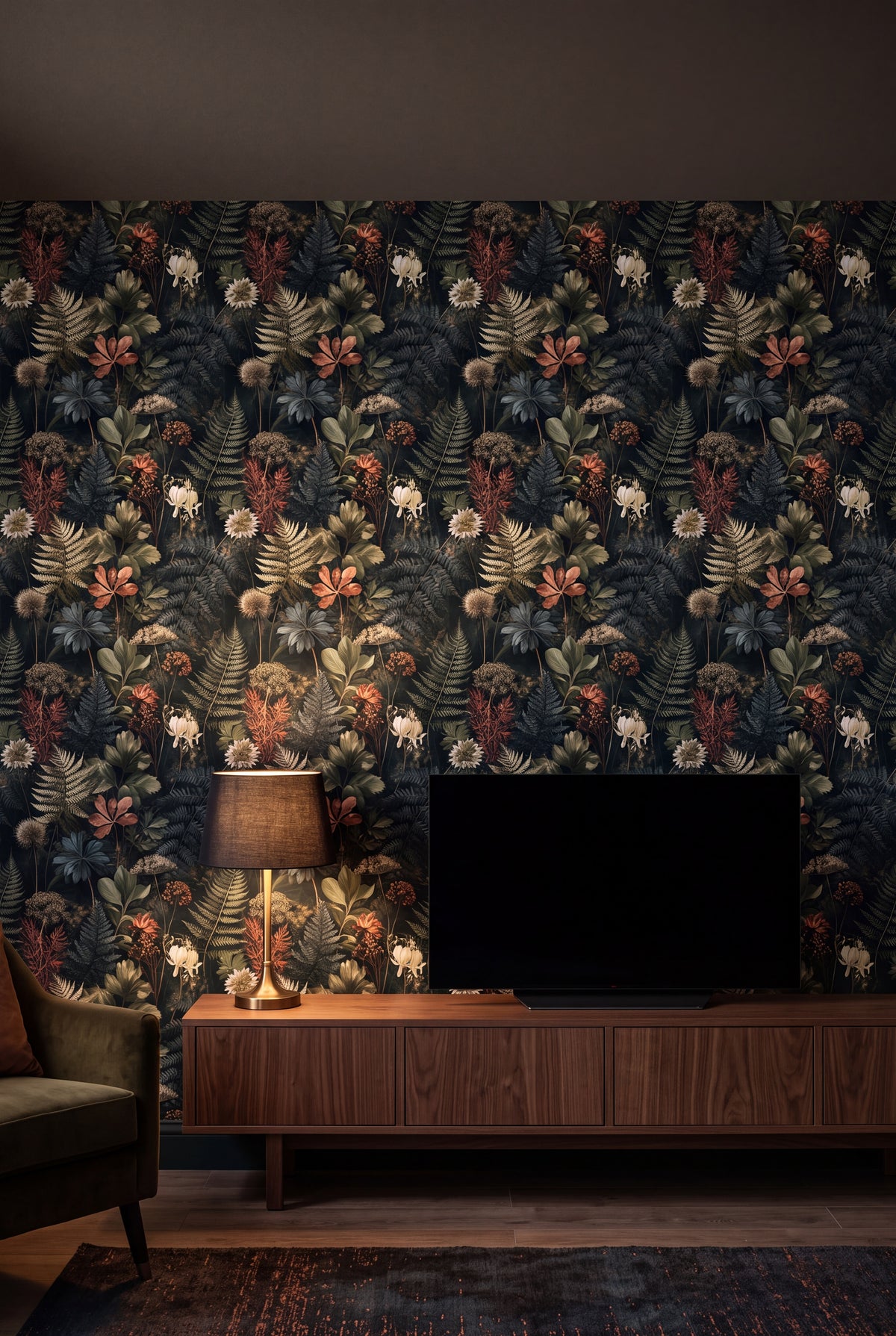 Moonlit Fernery wallpaper shown in a media room