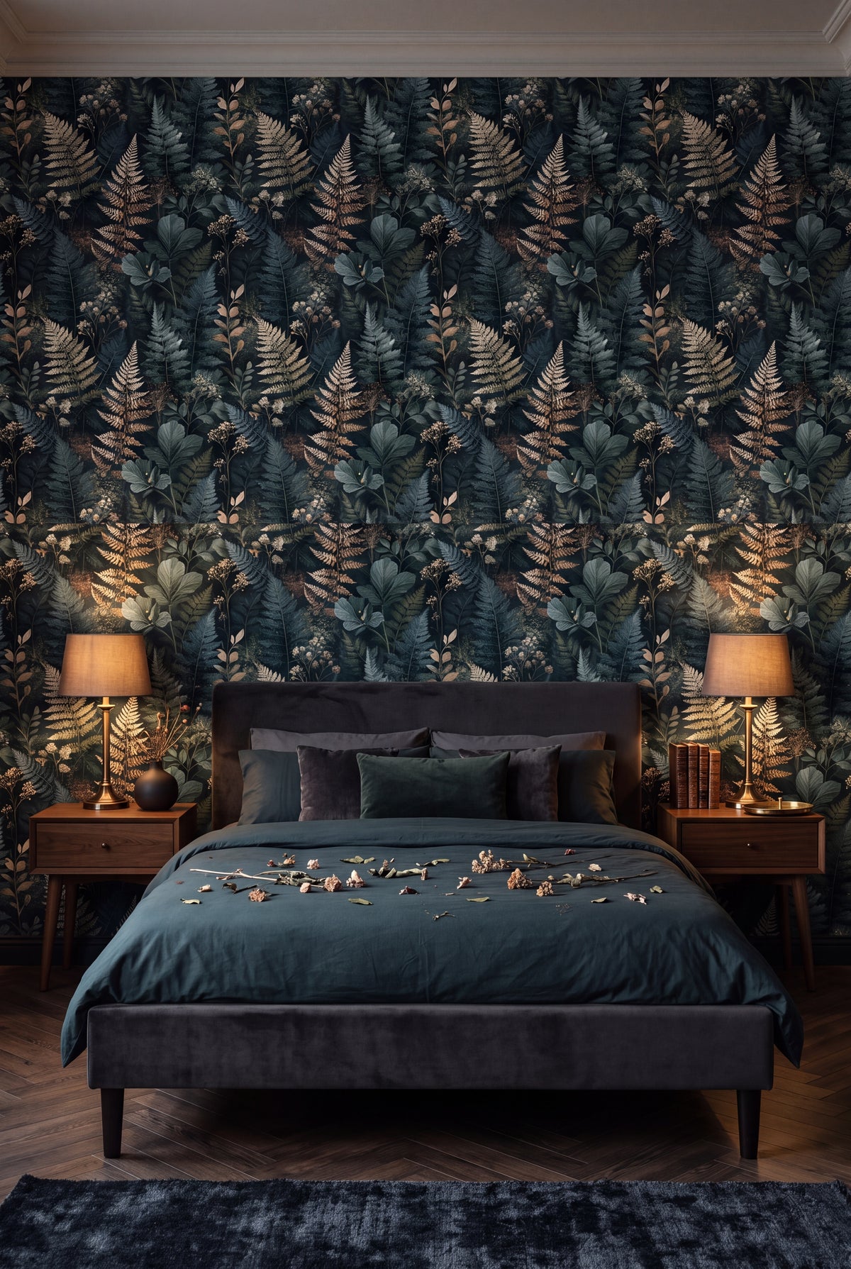 Frosted Fernery wallpaper shown in a bedroom