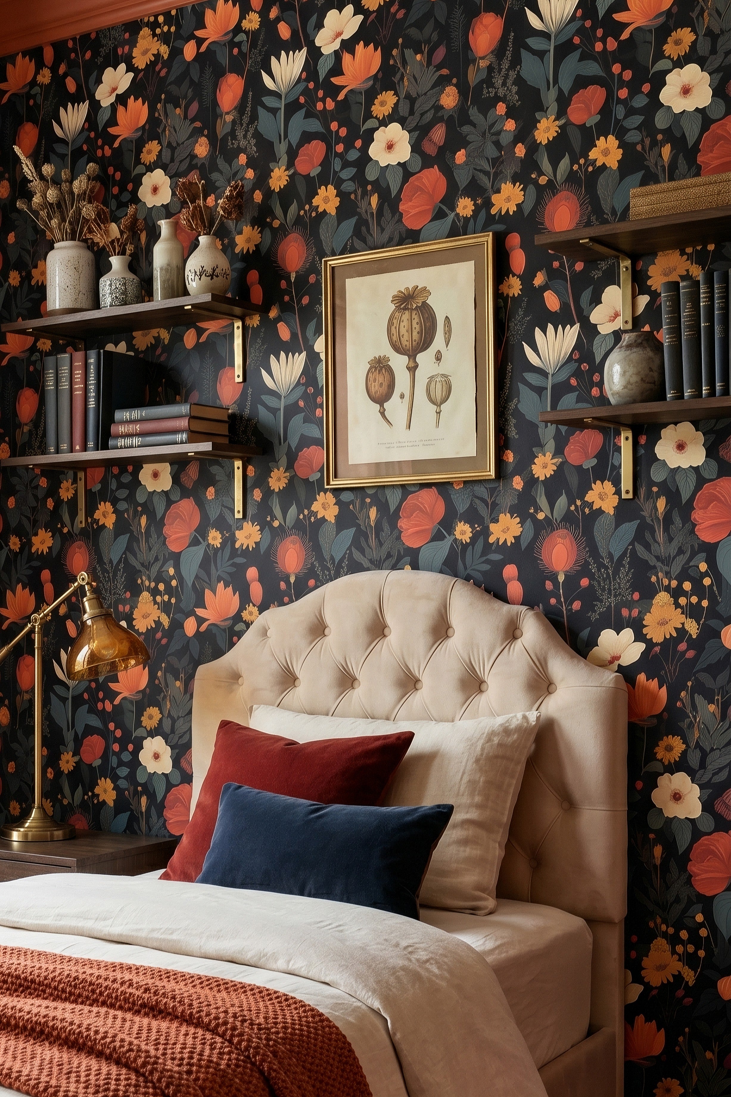 Dark dusky garden florals wallpaper in a bedroom.