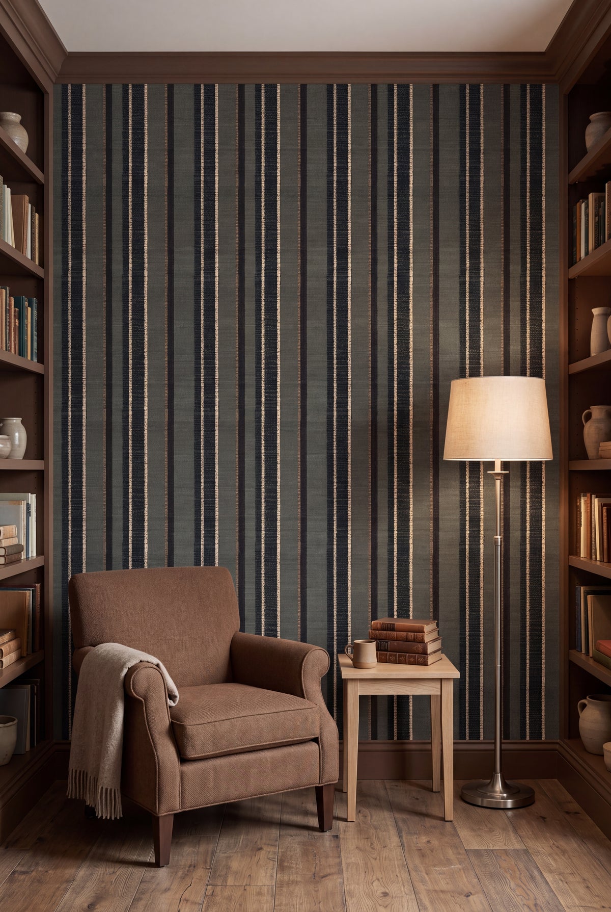 Bracken Weave wallpaper shown in a reading nook