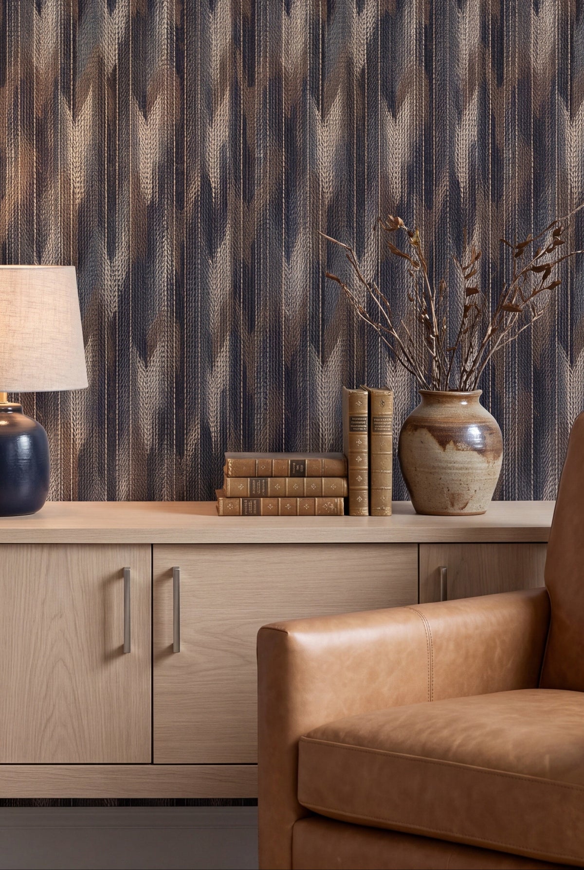 Tawny Weave wallpaper shown in a living room