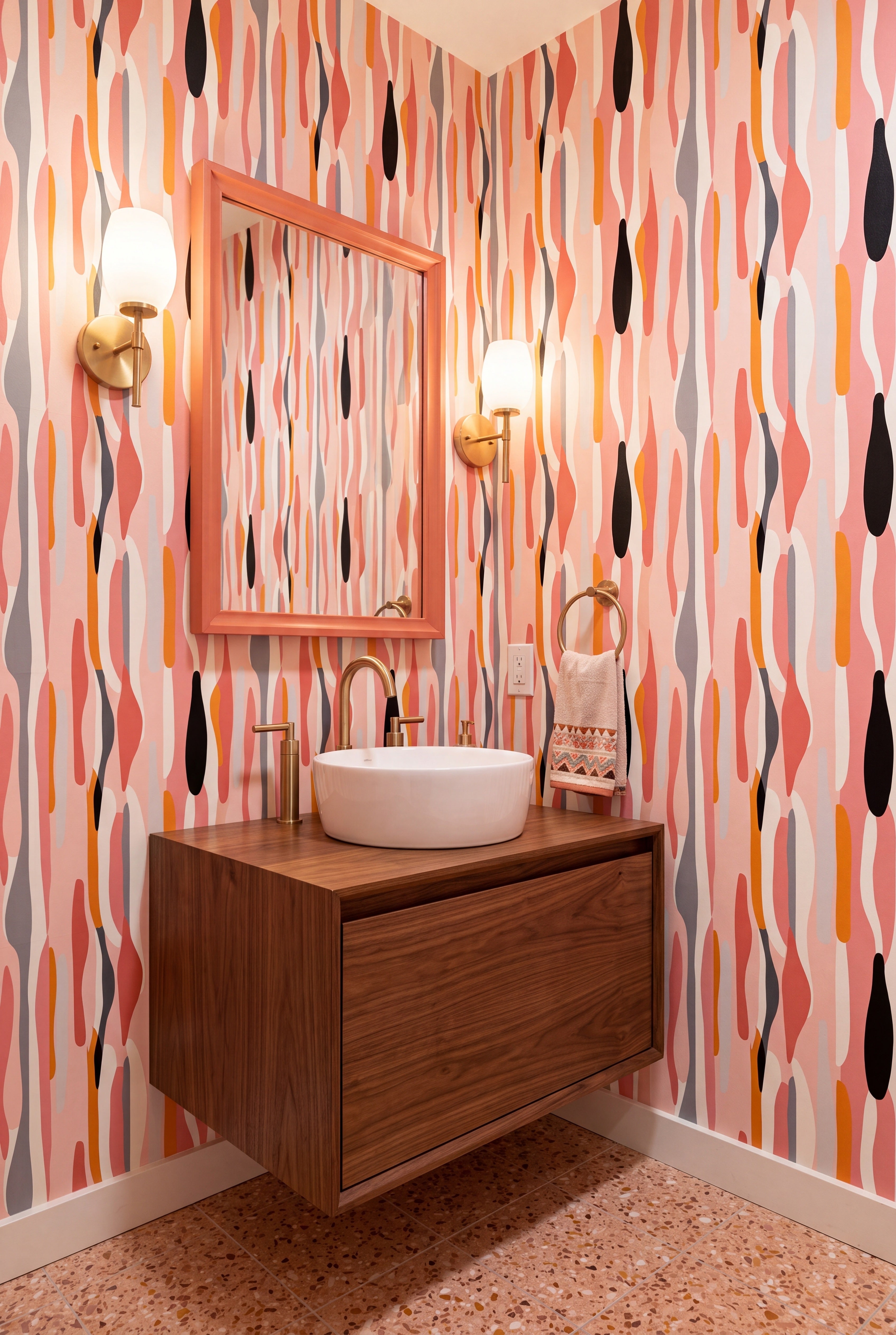 Blush and rose retro stripe wallpaper in a powder room.