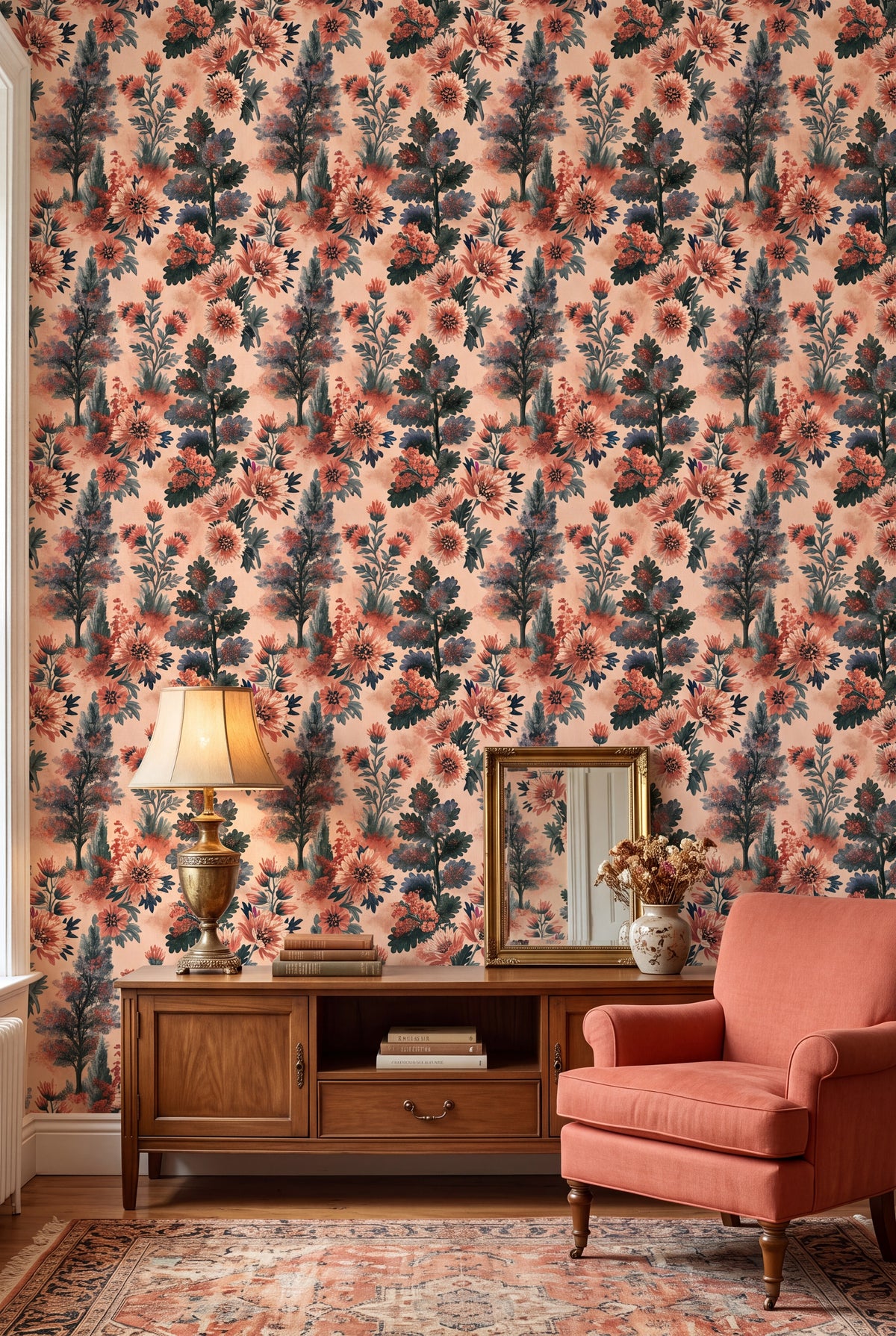 Peach Arbor wallpaper shown in a living room