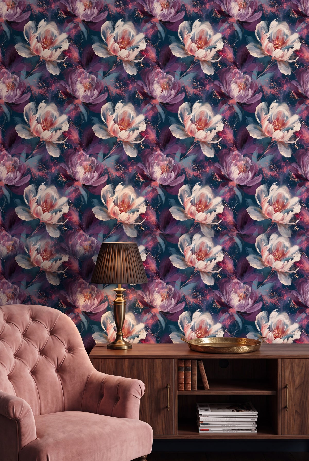 Nightfall Peony wallpaper shown in a living room