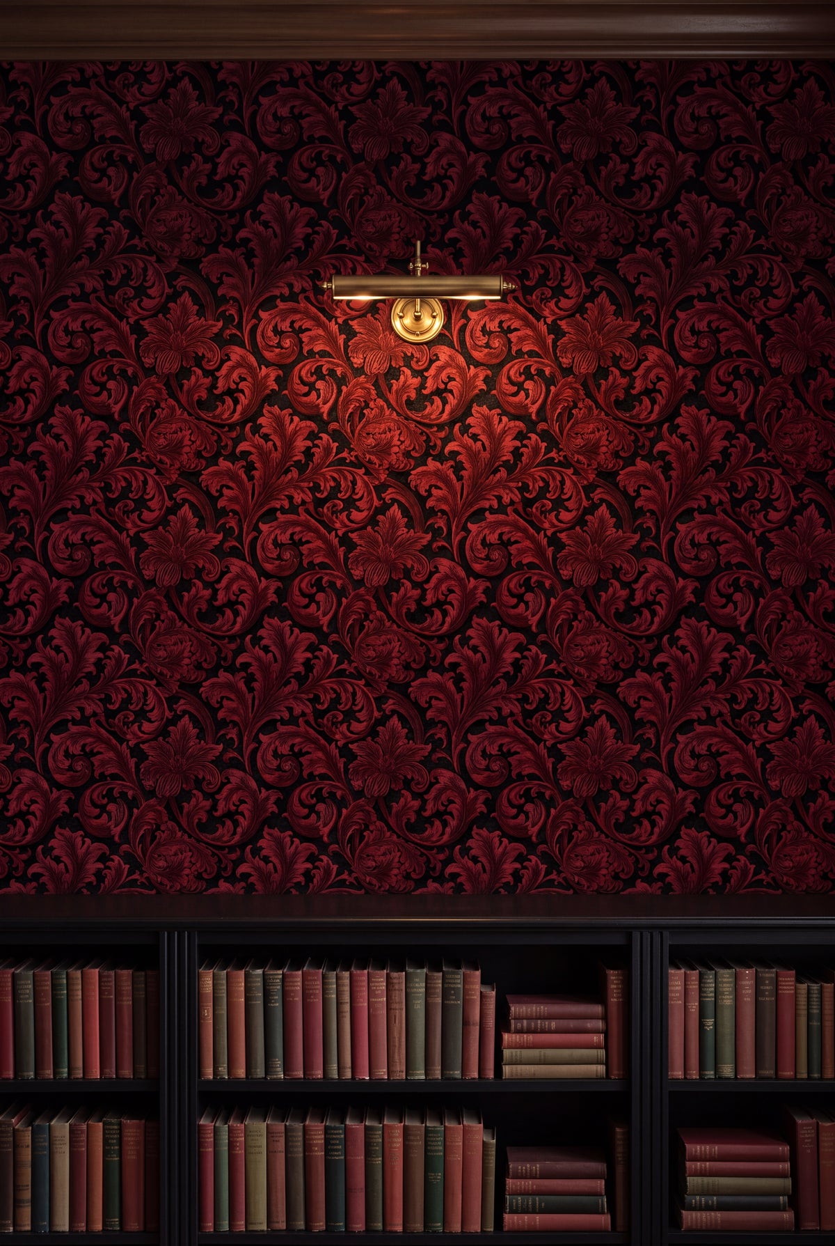 Claret Acanthus wallpaper shown in a library