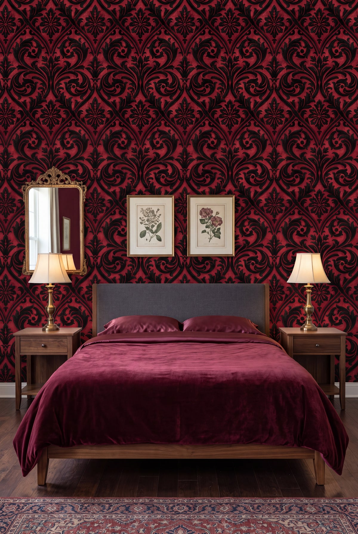 Ruby Silhouette wallpaper shown in a bedroom