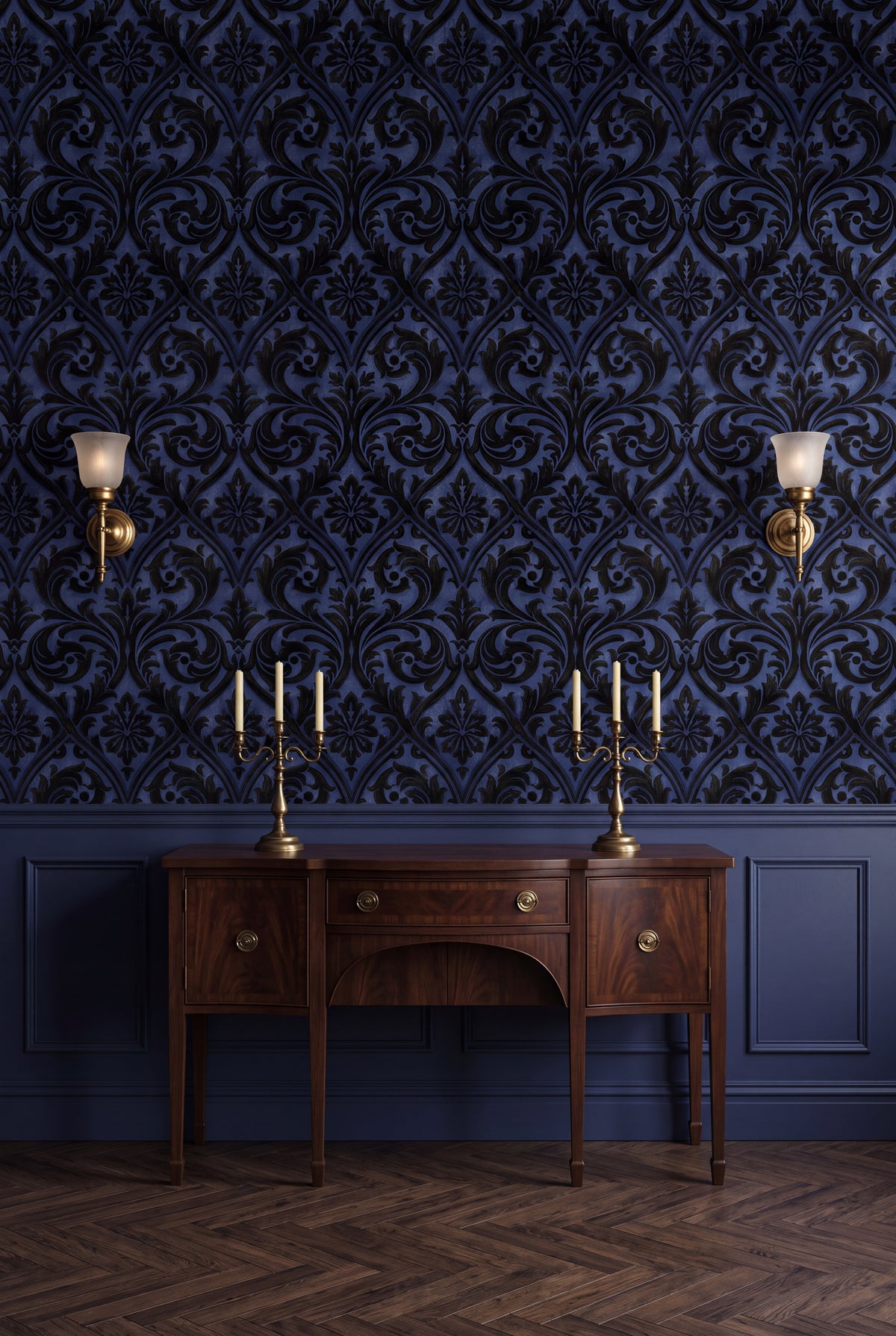 Indigo Silhouette wallpaper shown in a dining room