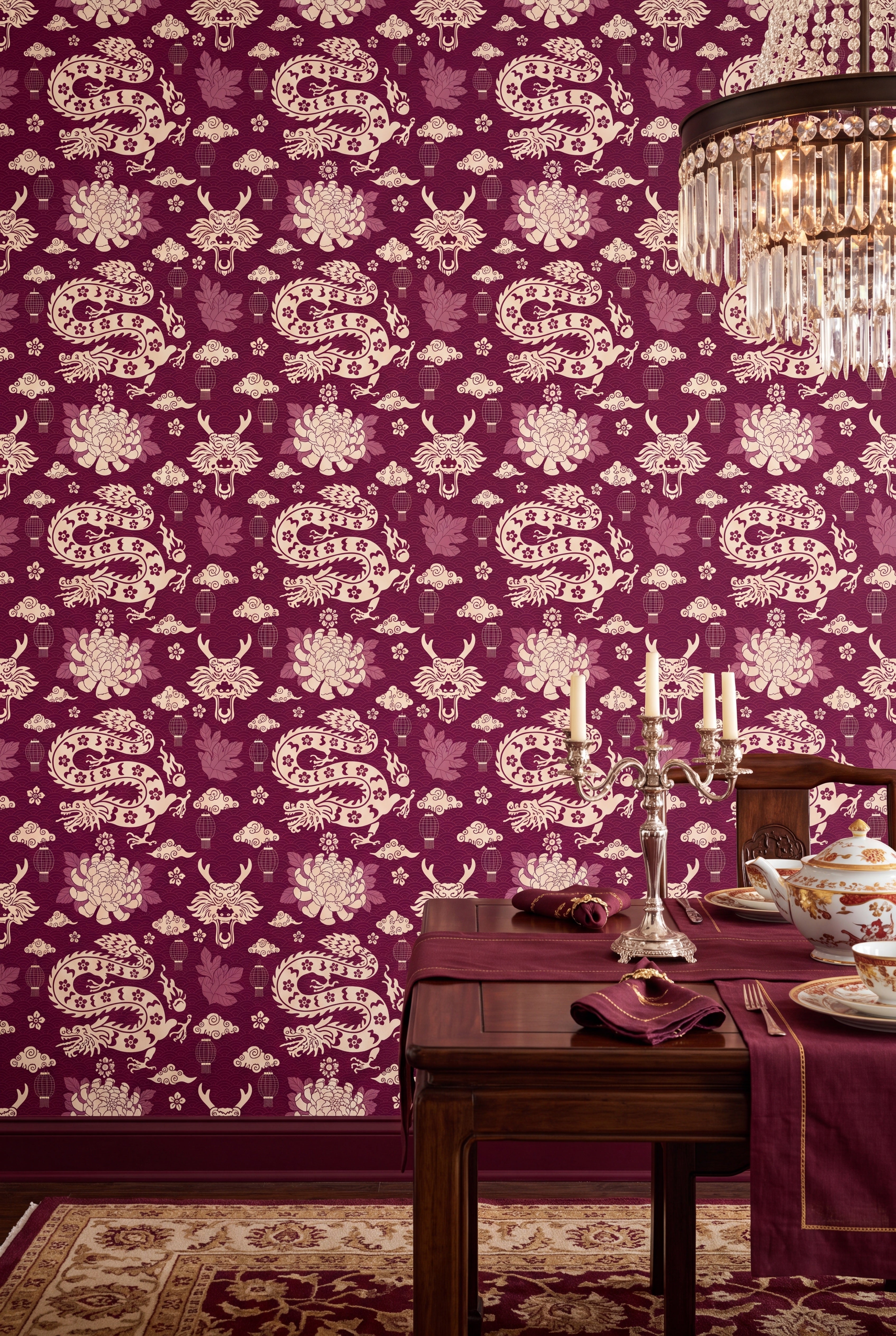 Maroon and ivory dragons among lanterns and peonies on wallpaper in a dining room.