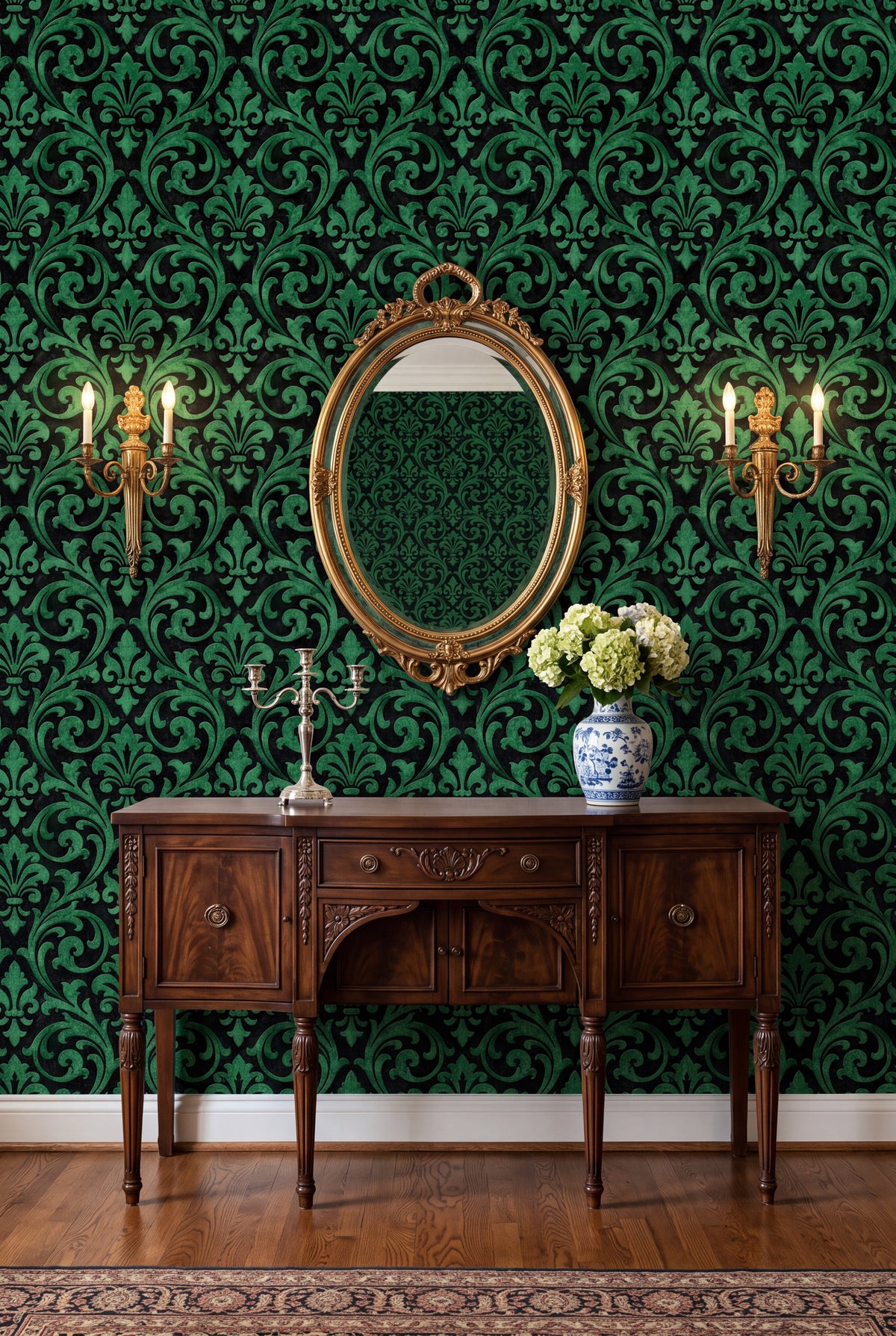 Jade Scrollwork wallpaper shown in a dining room