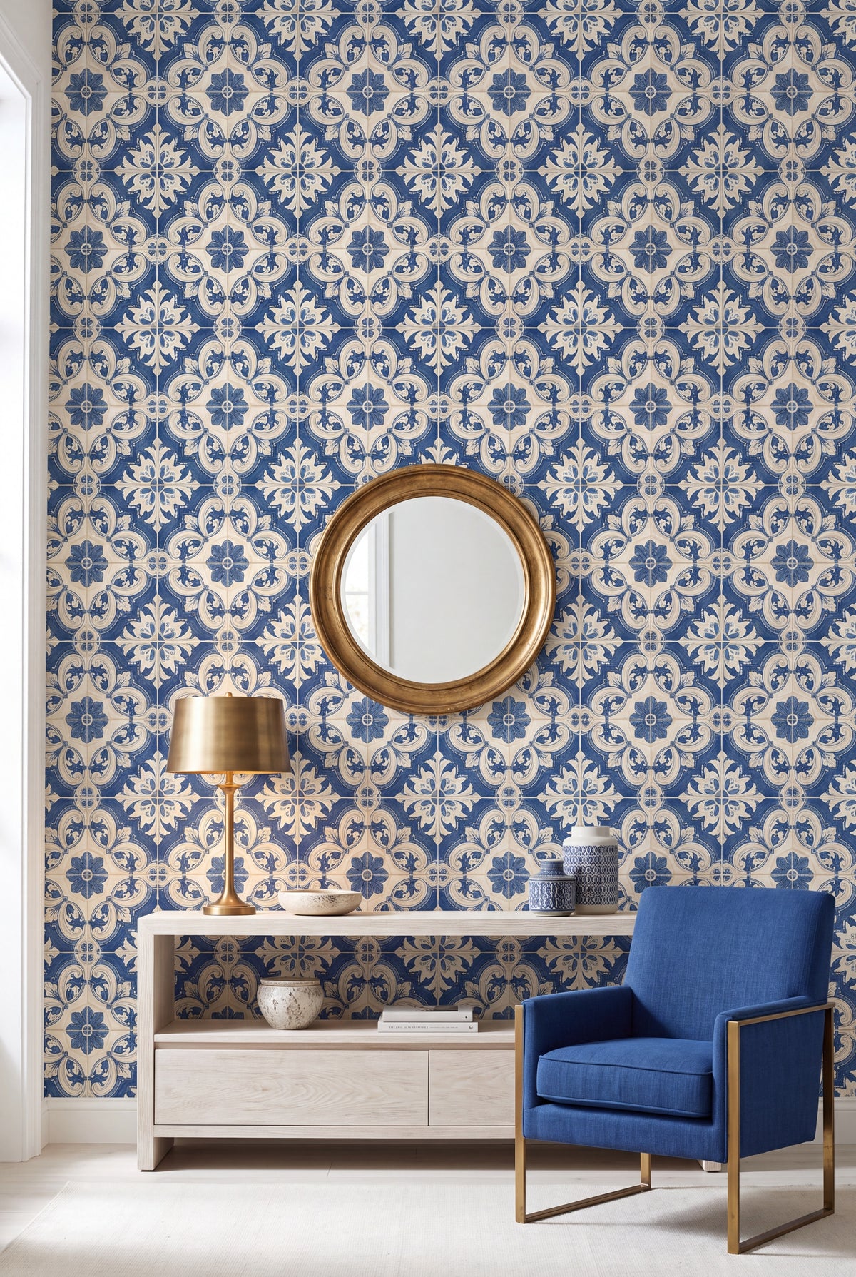 Porto Blue wallpaper shown in a living room