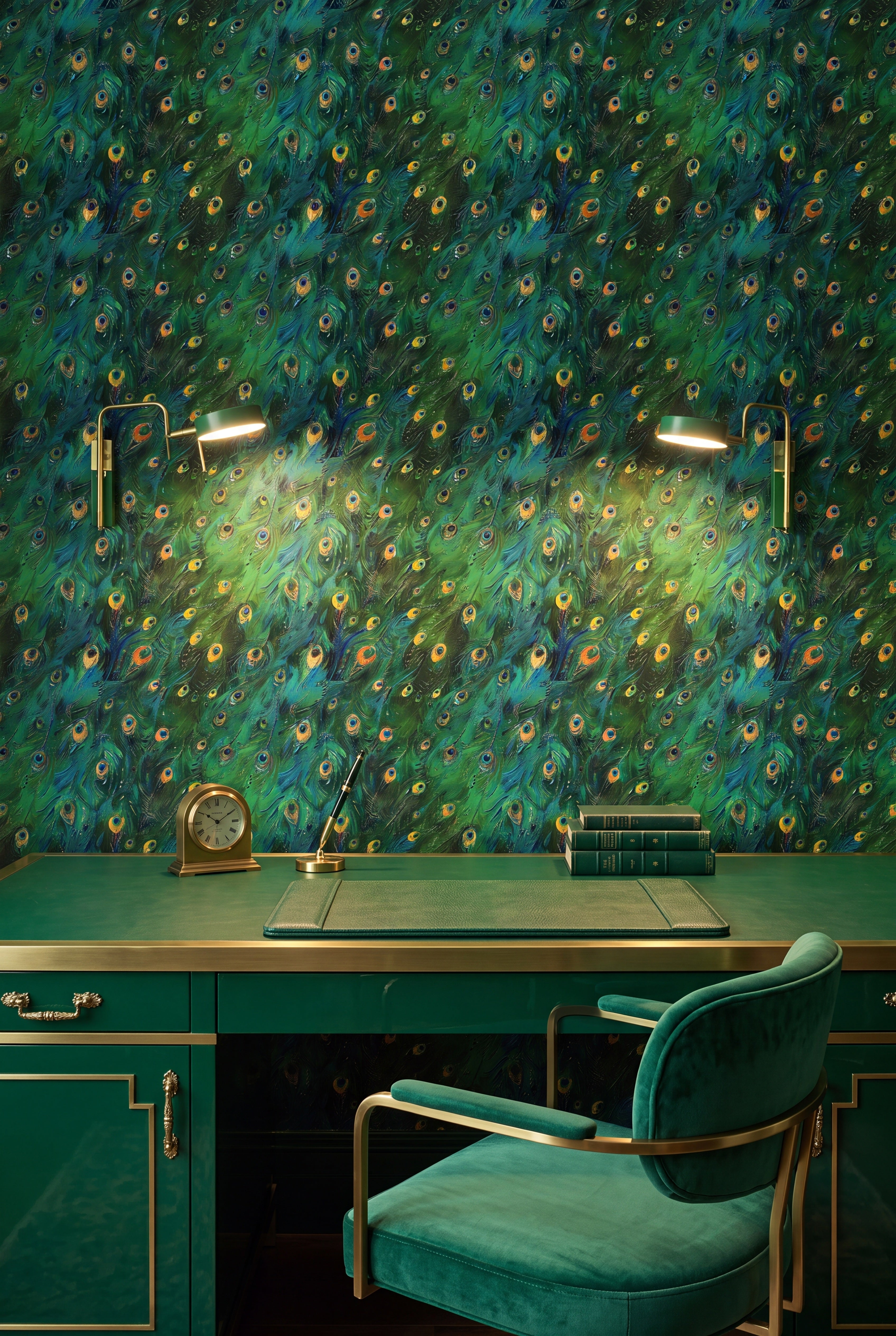 Layered peacock feathers in deep greens on a retro wallpaper in a home office.