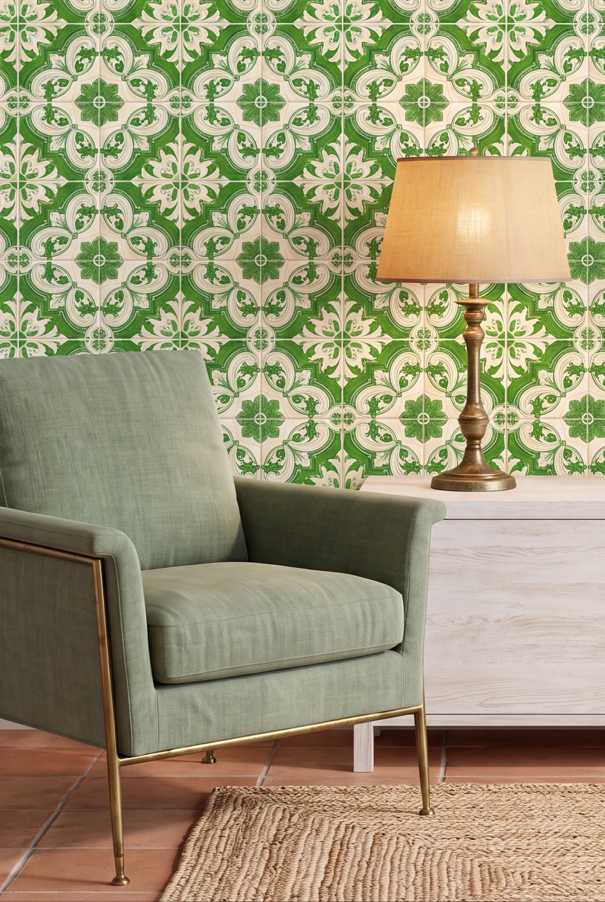 Porto Green wallpaper shown in a living room