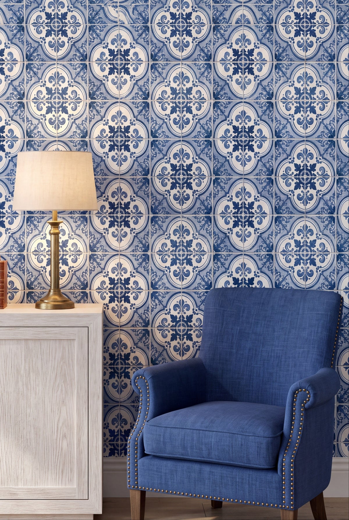 Sintra Blue wallpaper shown in a living room