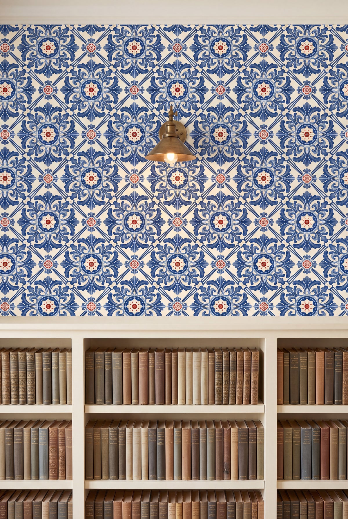 Coimbra Blue wallpaper shown in a library