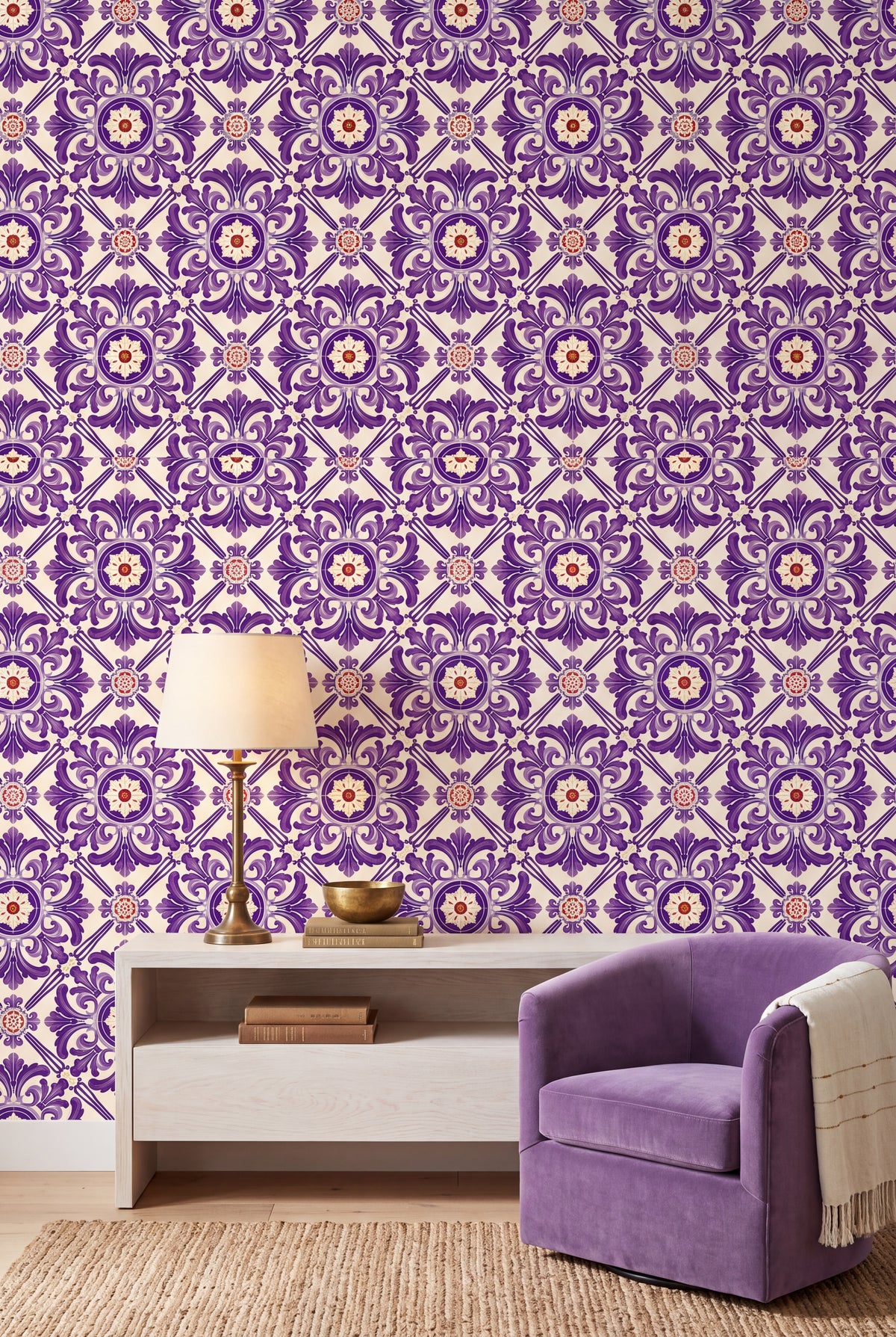 Coimbra Violet wallpaper shown in a living room