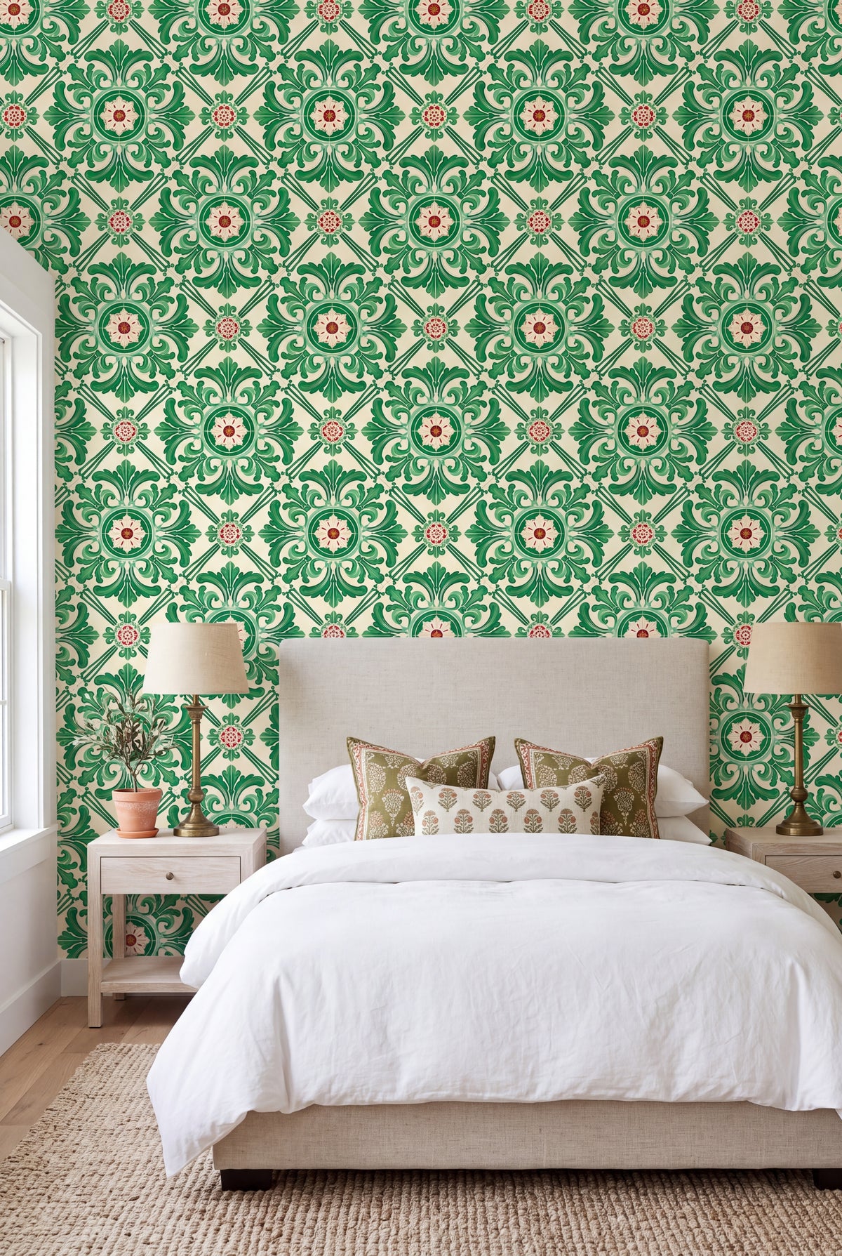 Coimbra Green wallpaper shown in a bedroom
