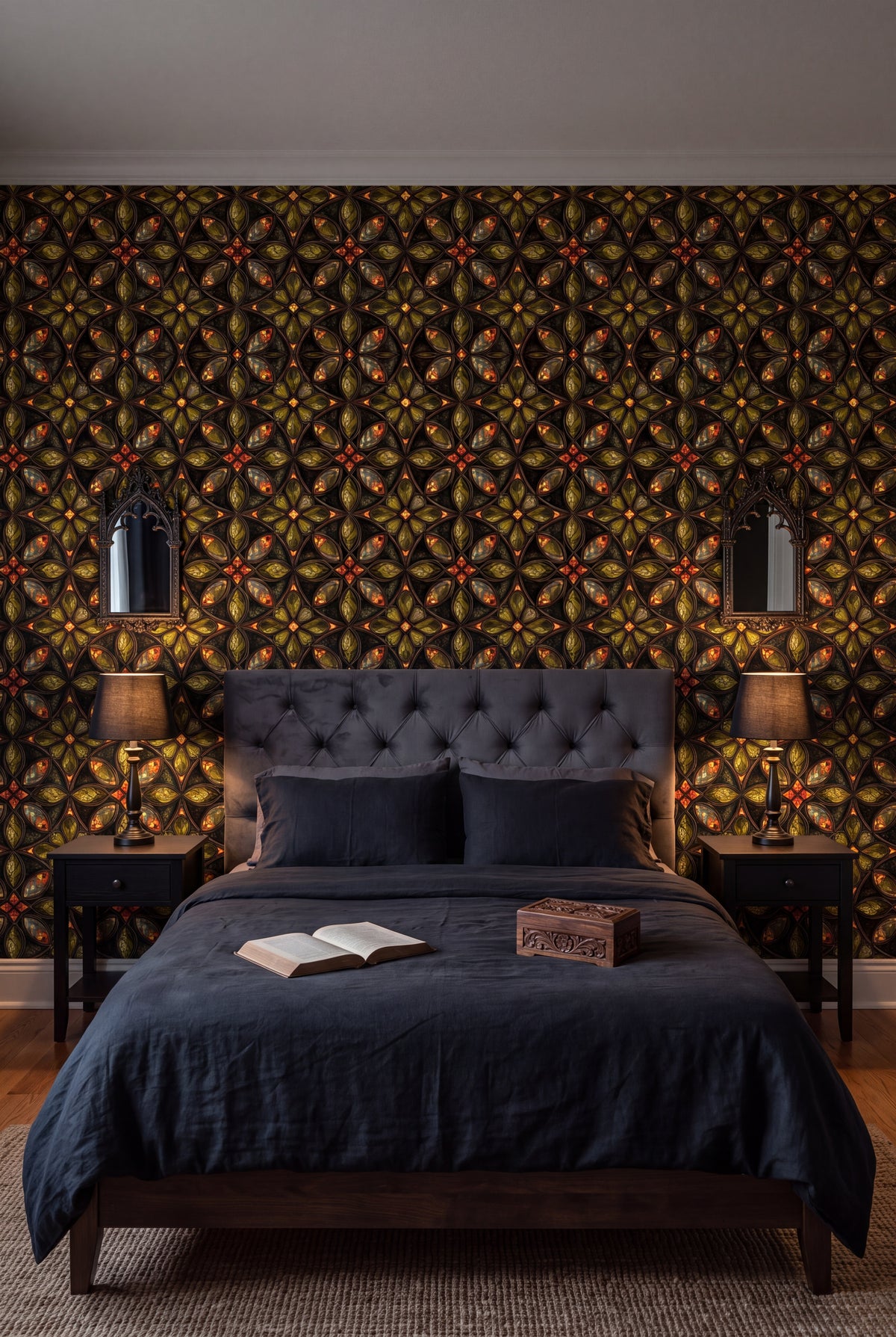 Topaz Quatrefoil wallpaper shown in a bedroom