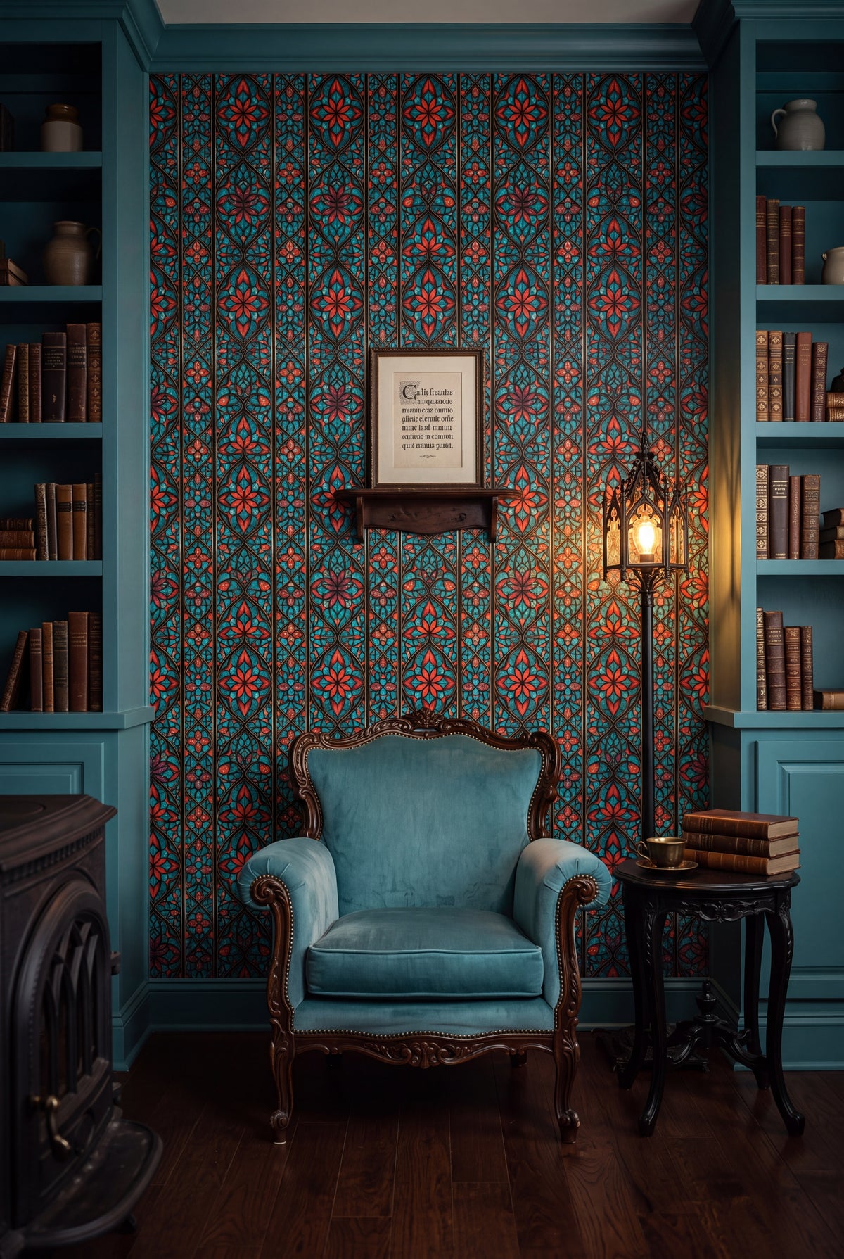 Cathedral Aqua wallpaper shown in a reading nook