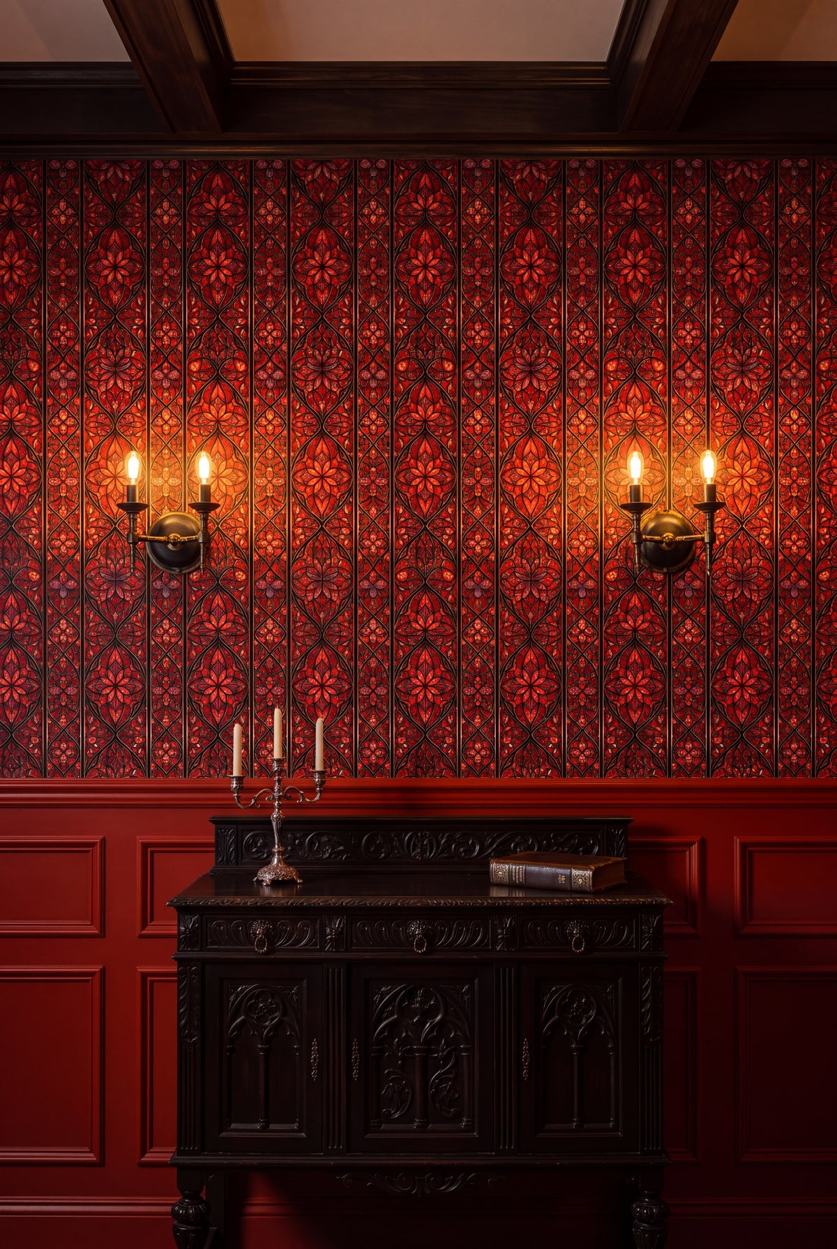 Cathedral Flame wallpaper shown in a dining room