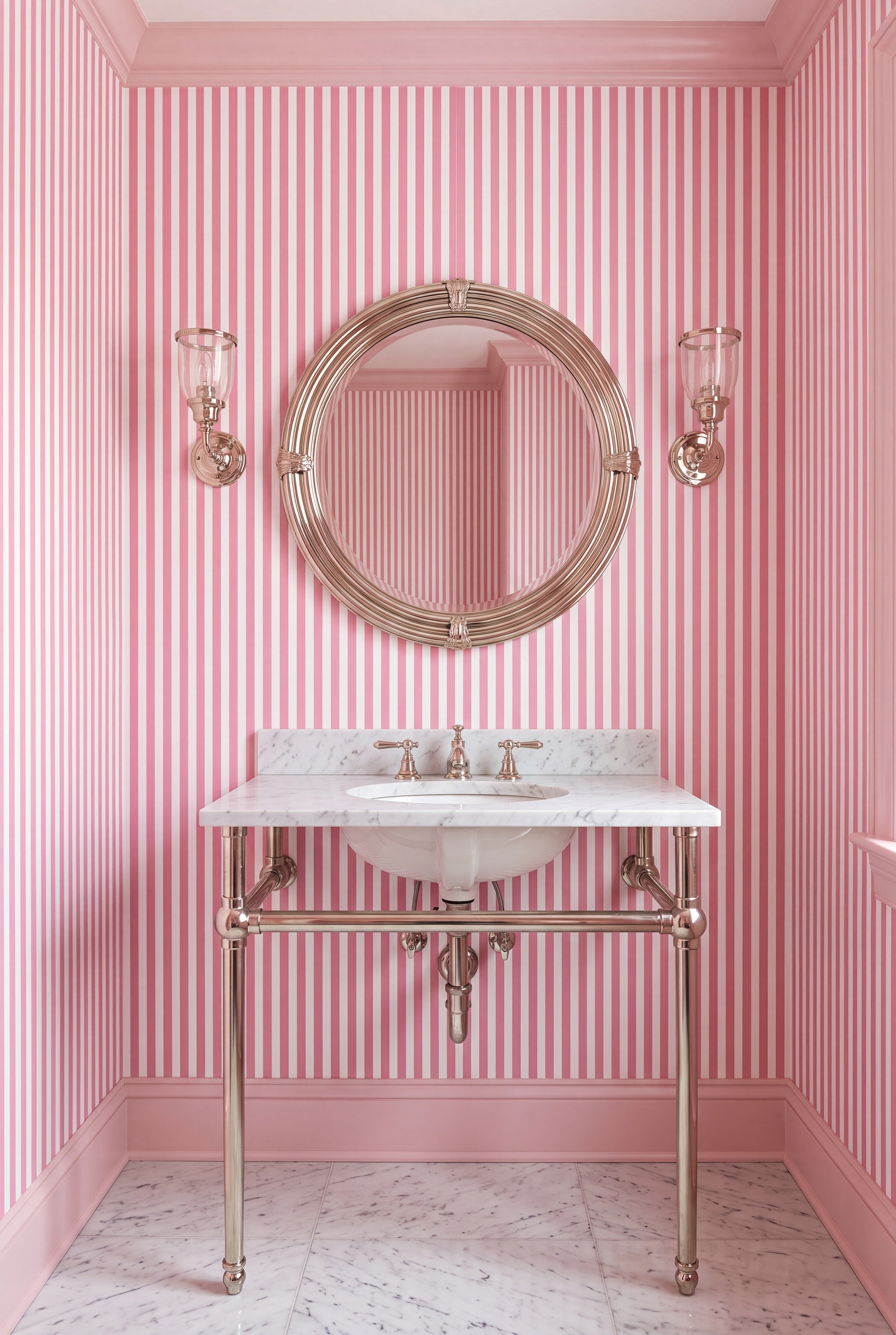 Slim pink stripes on a crisp white diner-style wallpaper in a powder room.