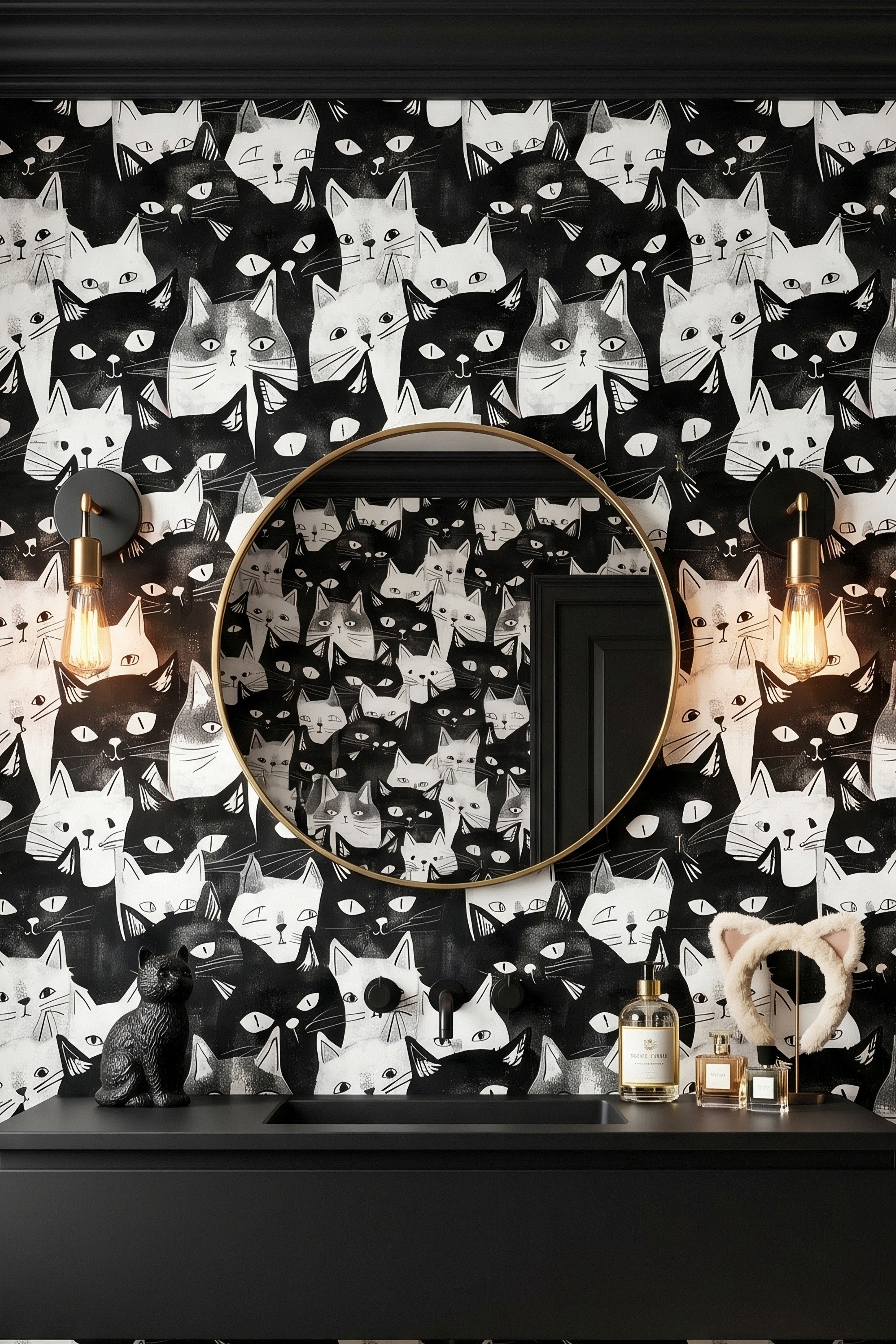 Whimsical black-and-white cats on illustrated wallpaper in a powder room.