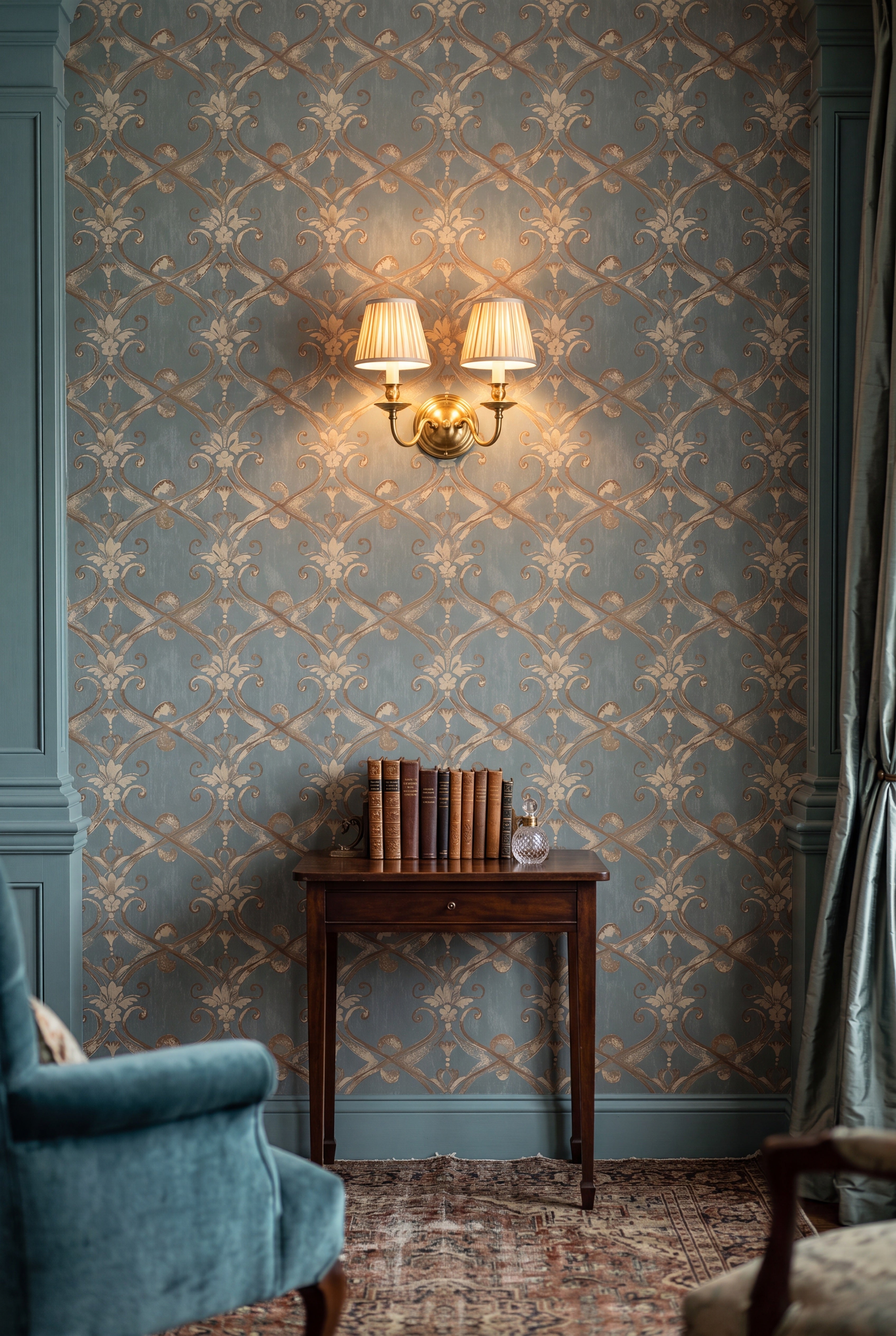 Traditional Victorian damask in soft tonal greys wallpaper in a living room.