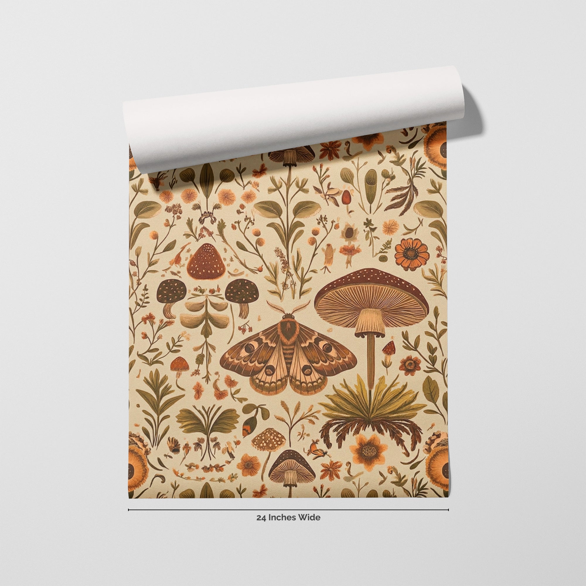 Moth & Mushroom wallpaper roll, 24 inches wide