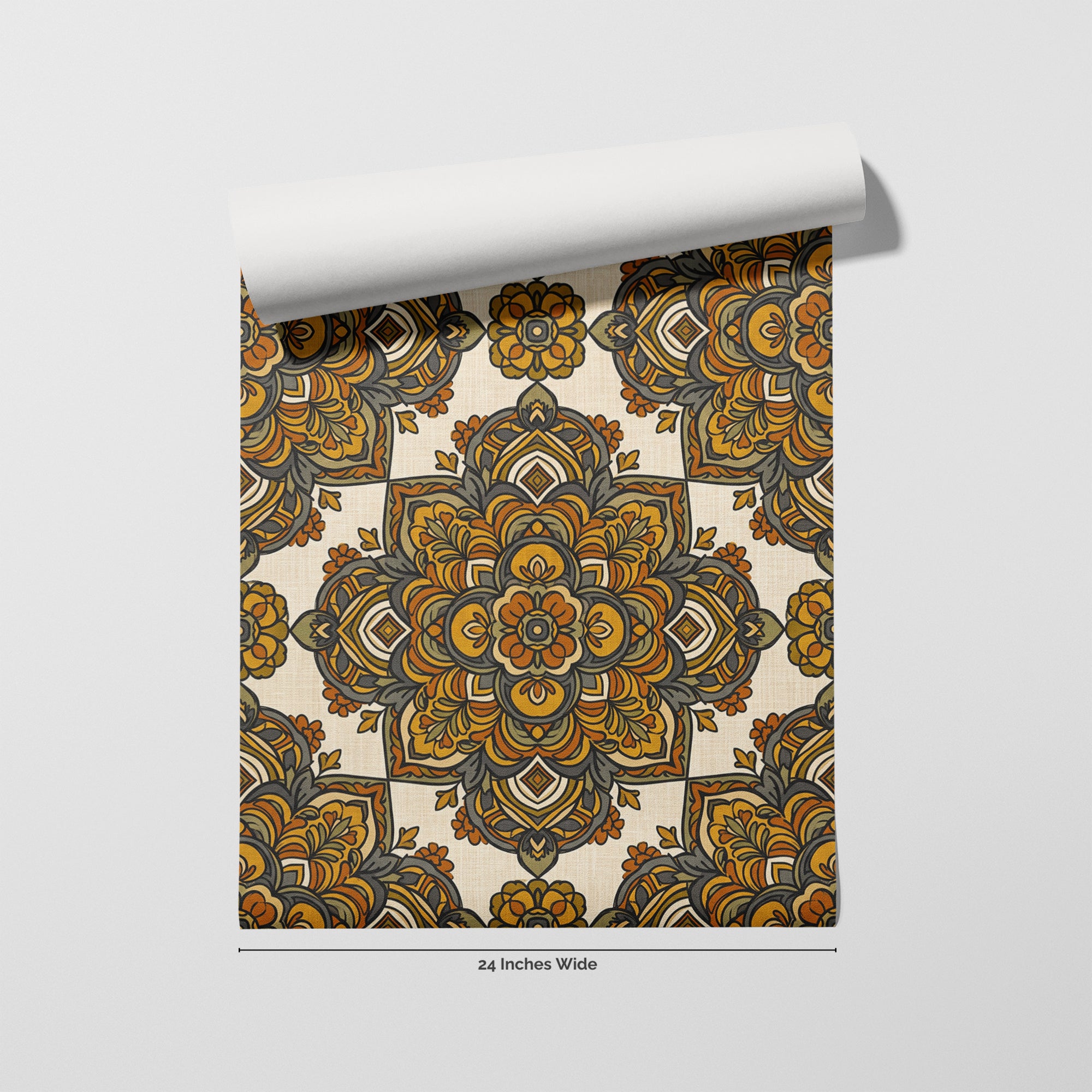 Saffron Mandala wallpaper roll, 24 inches wide