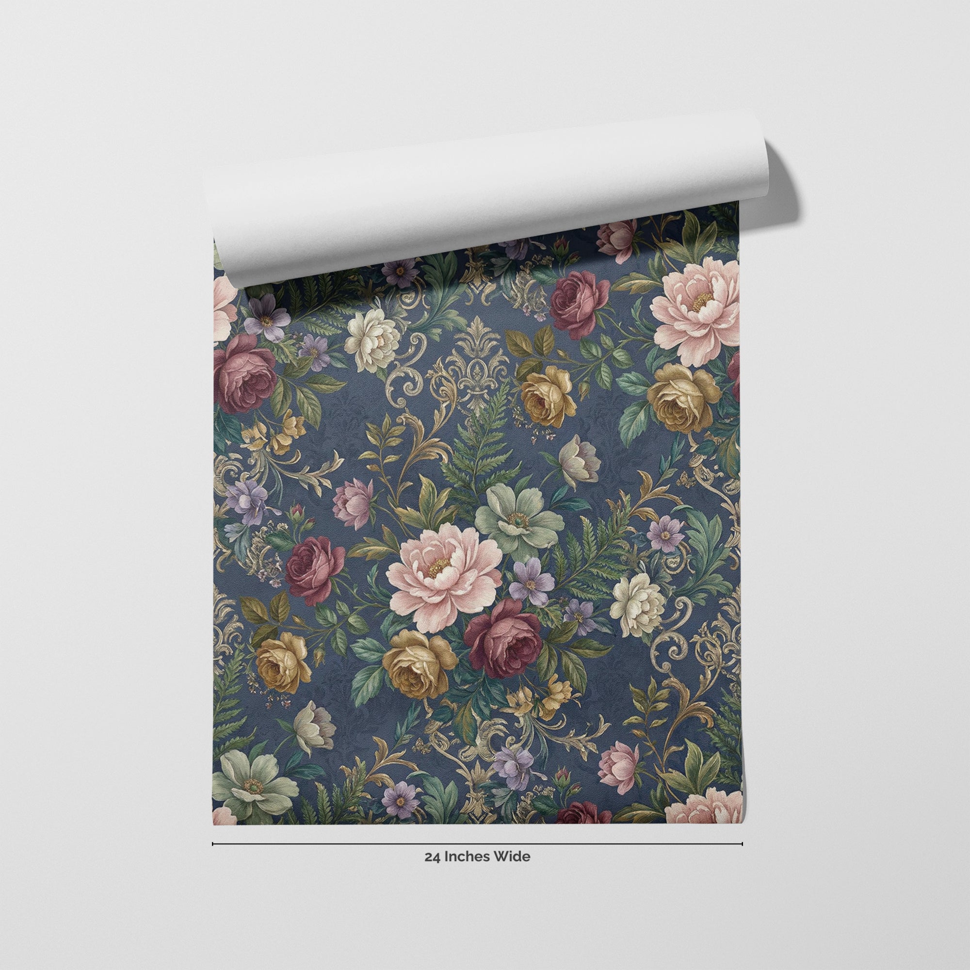 Indigo Chintz wallpaper roll, 24 inches wide