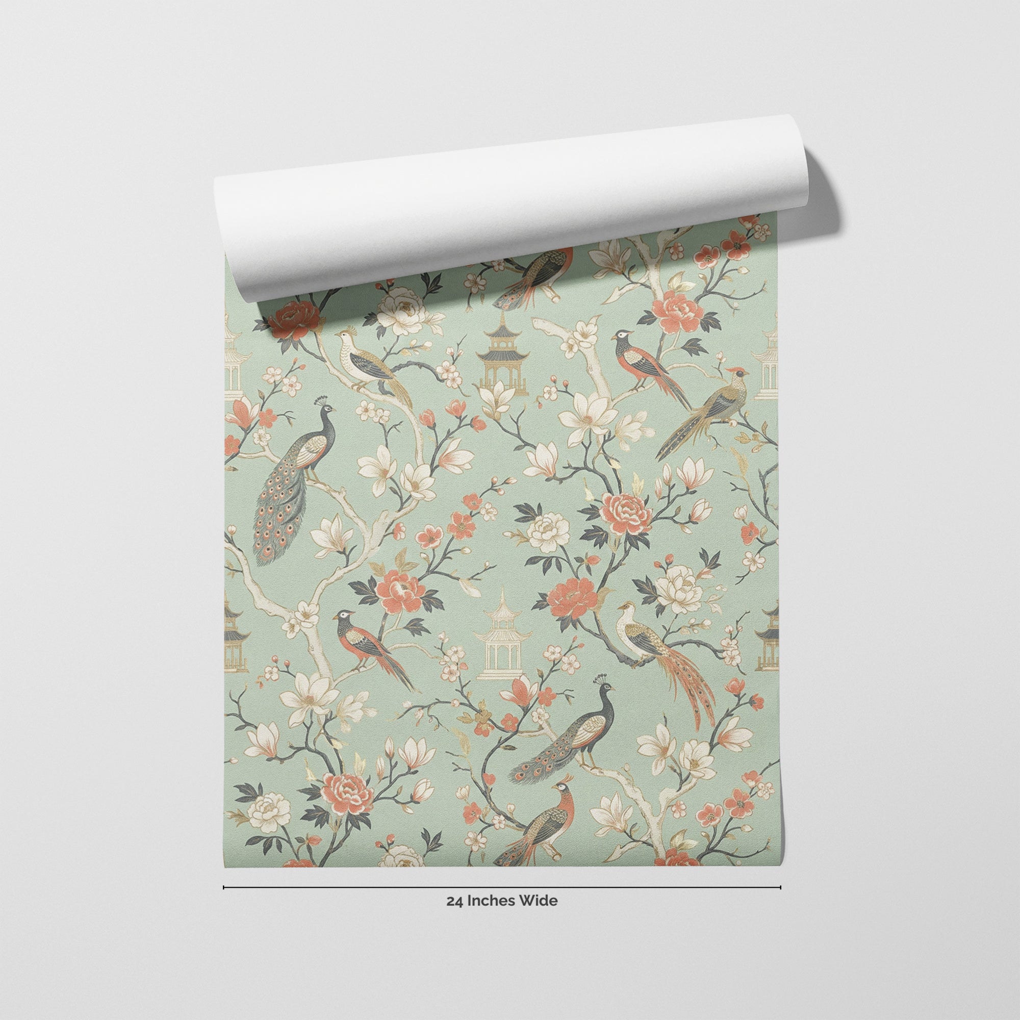 Celadon Aviary wallpaper roll, 24 inches wide