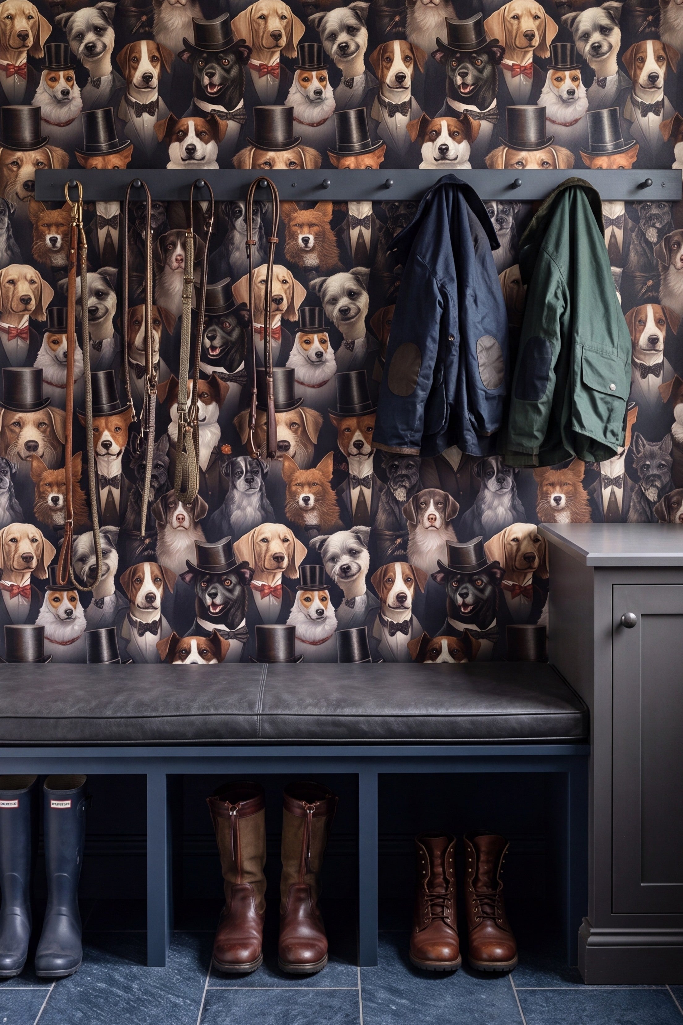 Hound Manor wallpaper shown in a mudroom