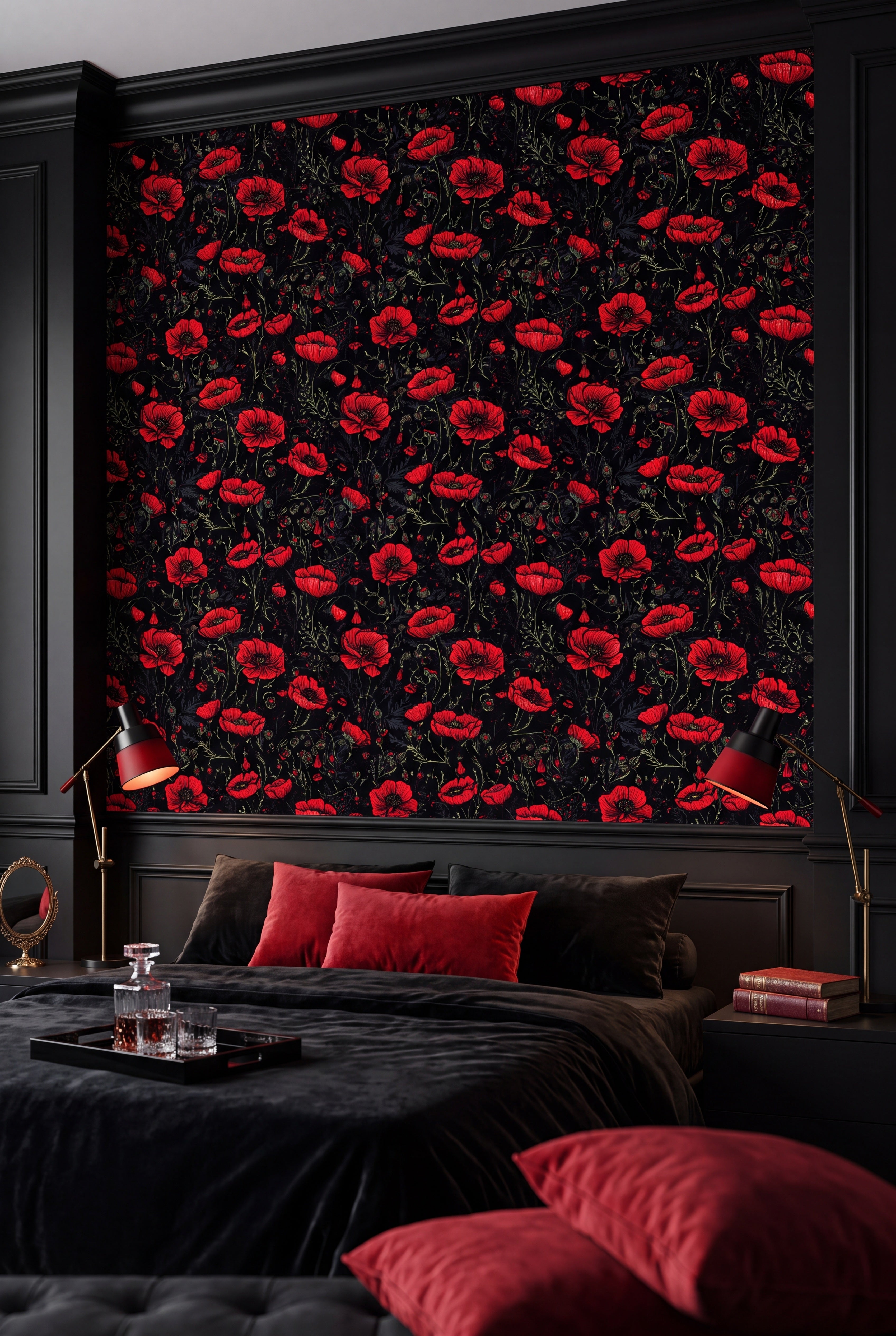 Shadow Bloom wallpaper shown in a bedroom