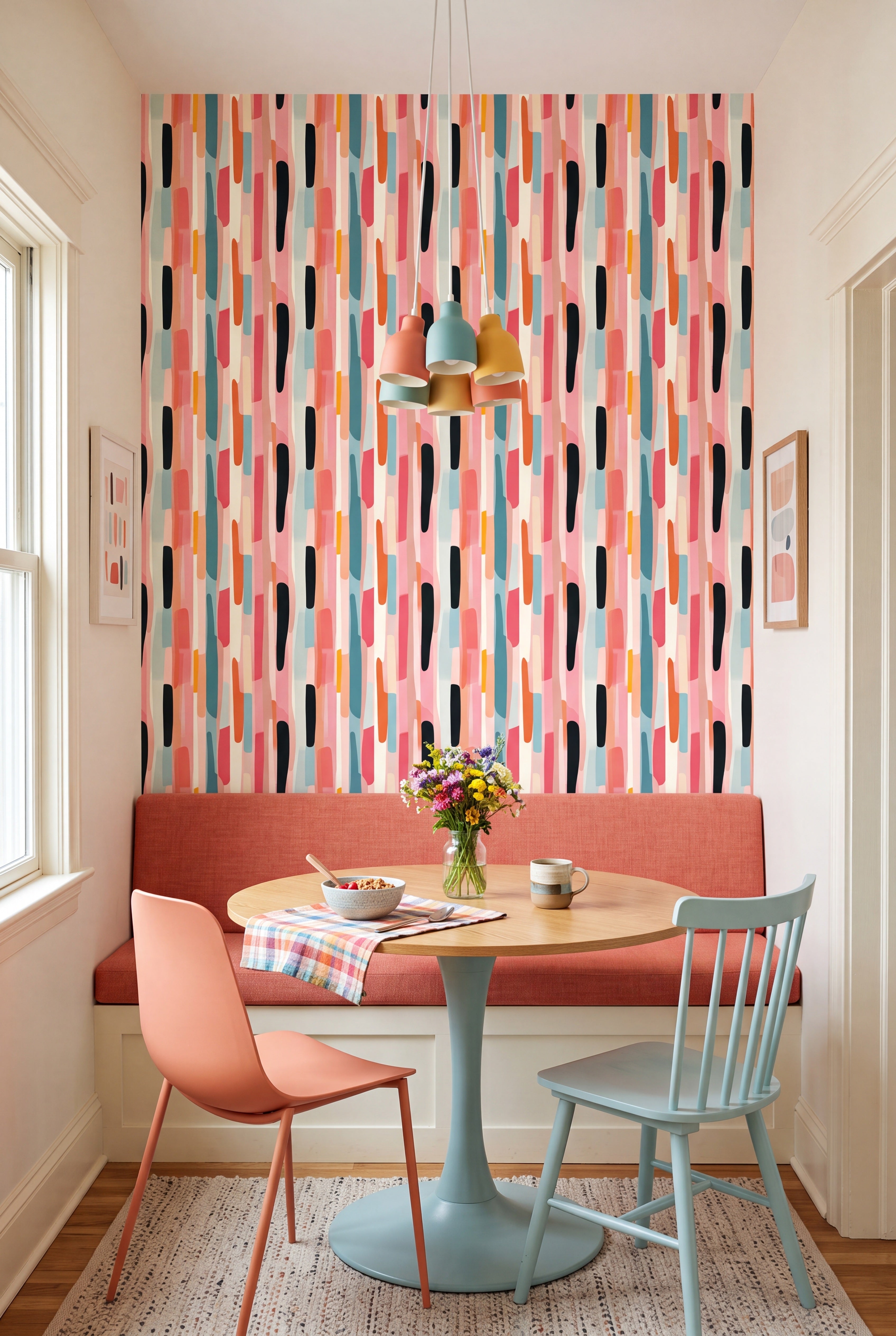 Jukebox Stripe wallpaper shown in a cozy nook