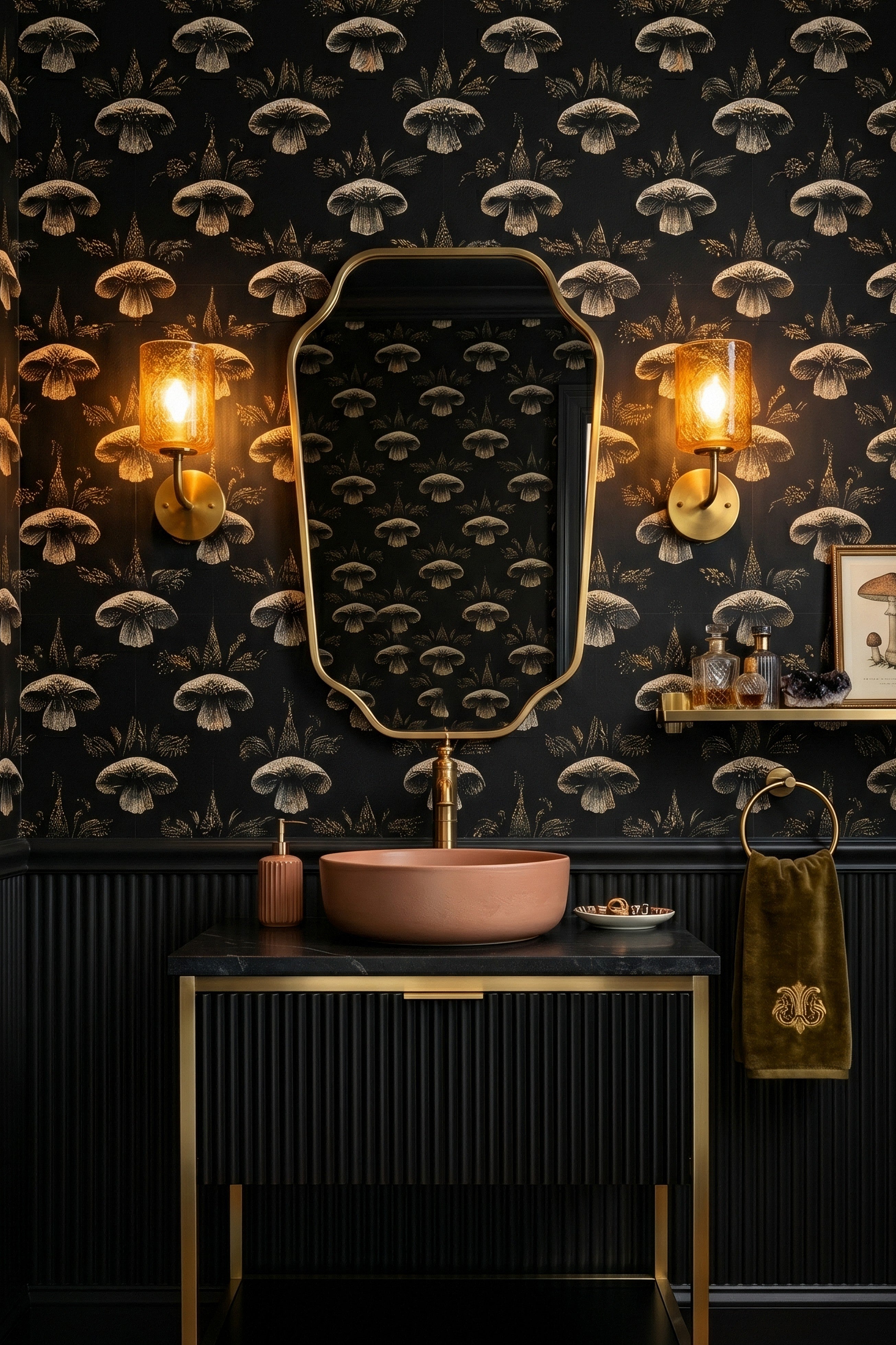 Spore Study wallpaper shown in a powder room