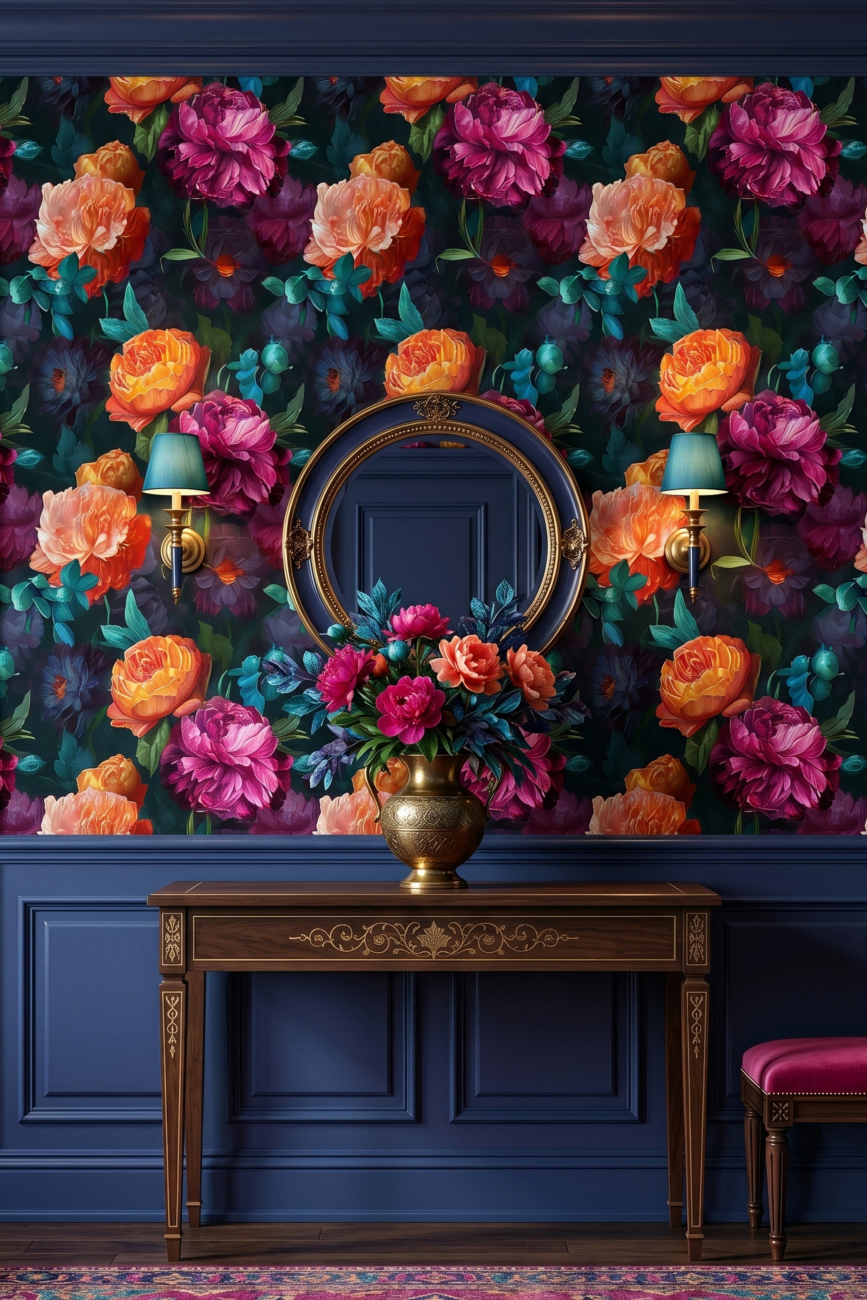 Dusk Peony wallpaper shown in an entryway