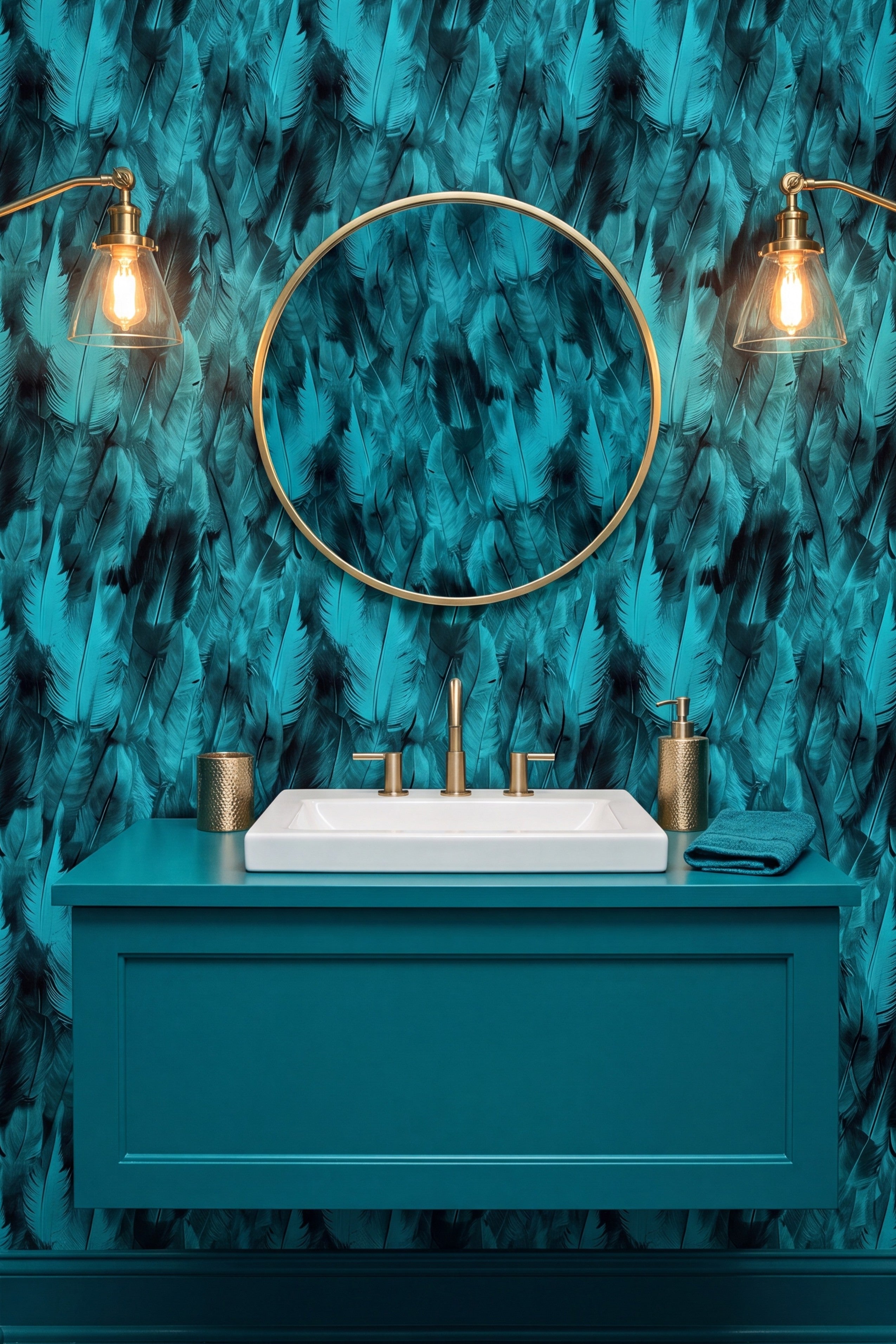 Lagoon Plume wallpaper shown in a powder room