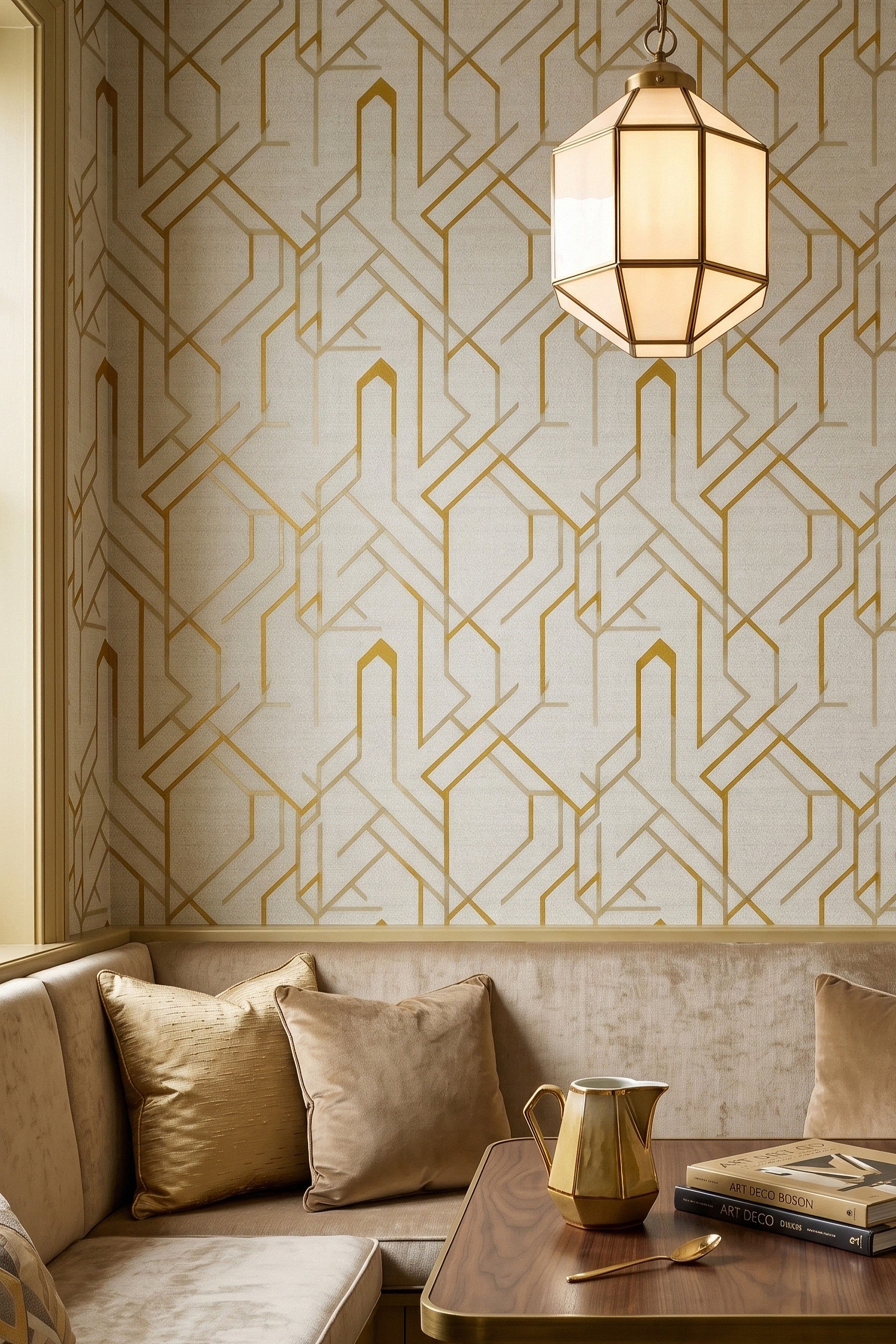 Gilded Age wallpaper shown in a cozy nook