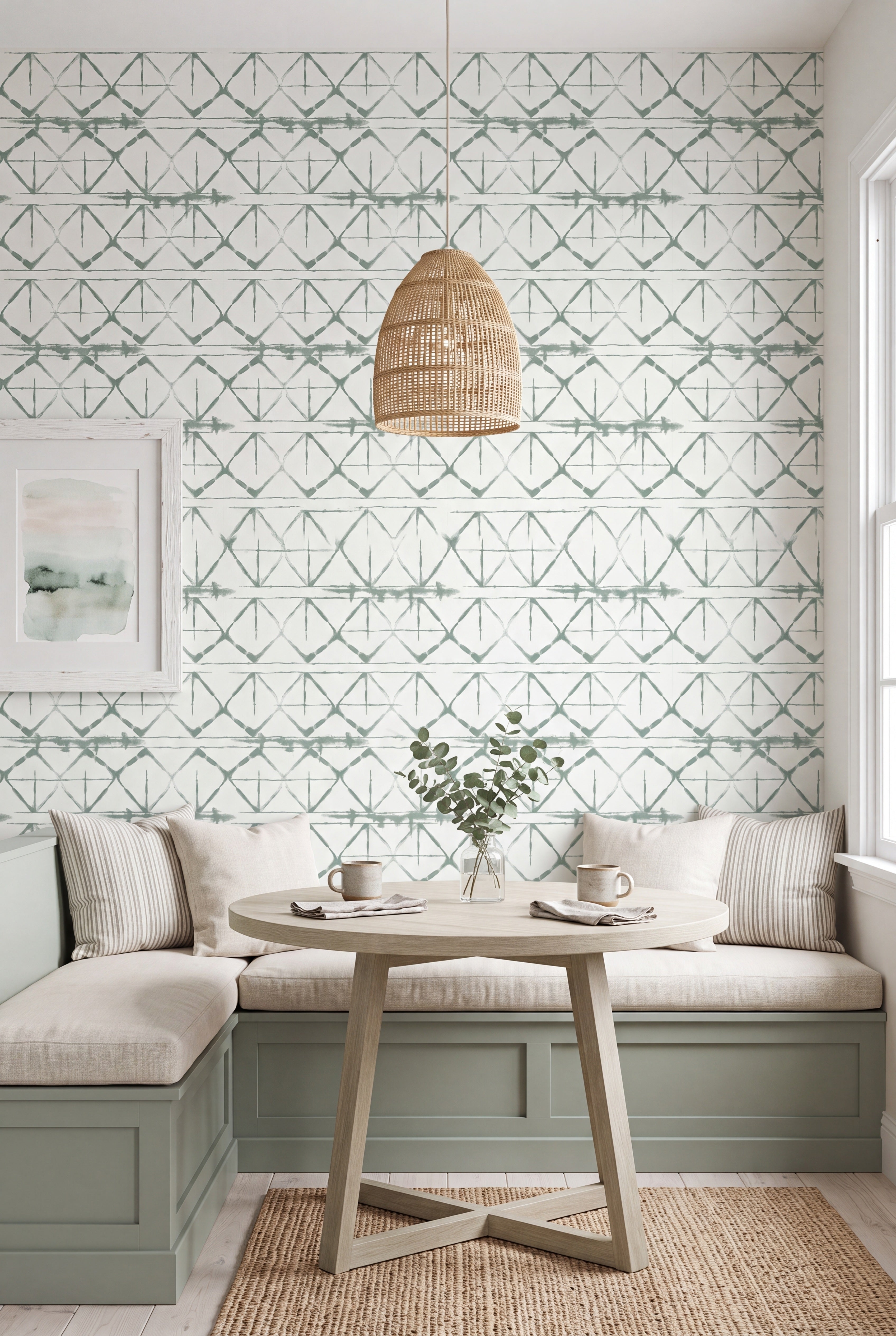 Sage Shibori wallpaper shown in a cozy nook