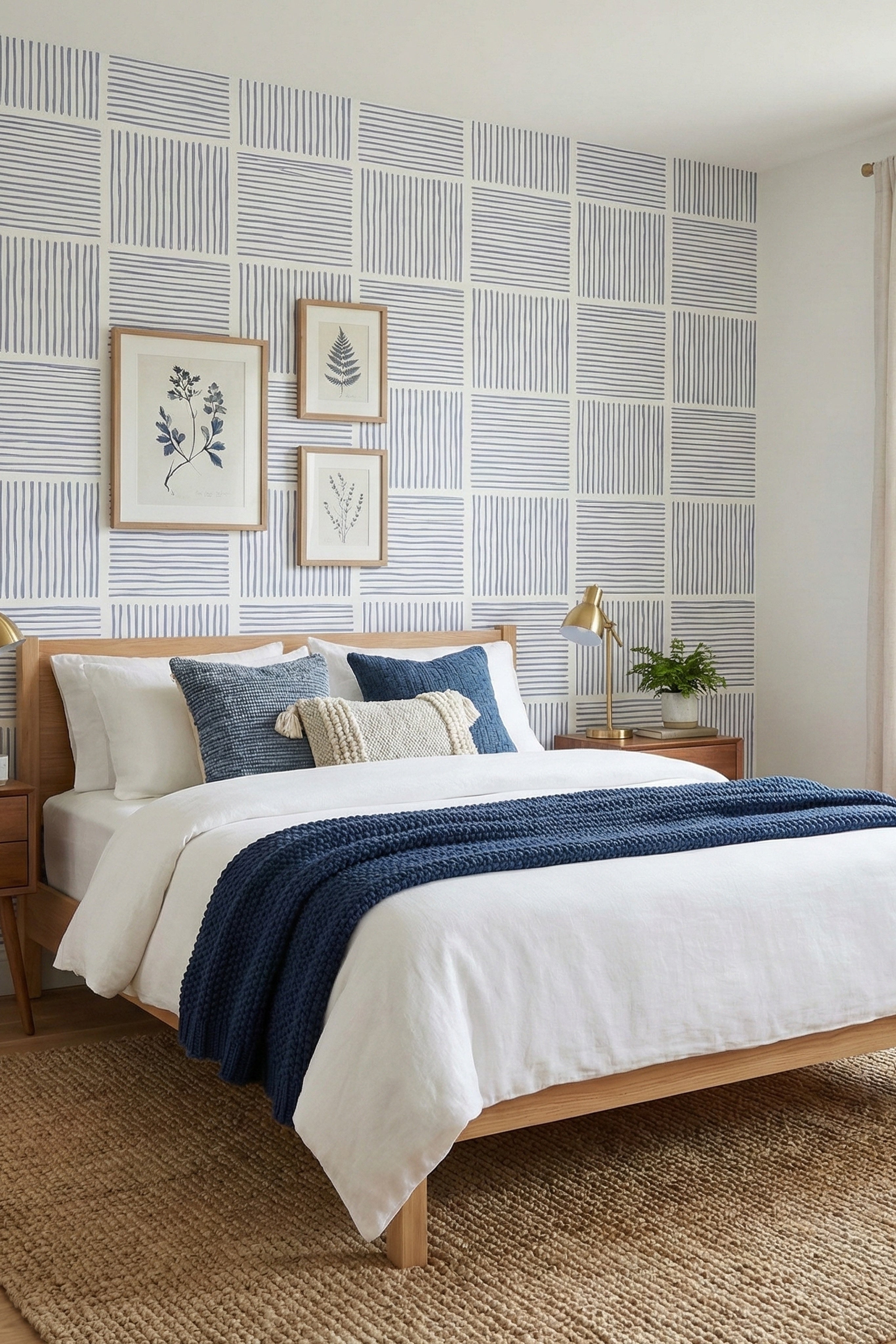 Boardwalk Stripe wallpaper shown in a bedroom