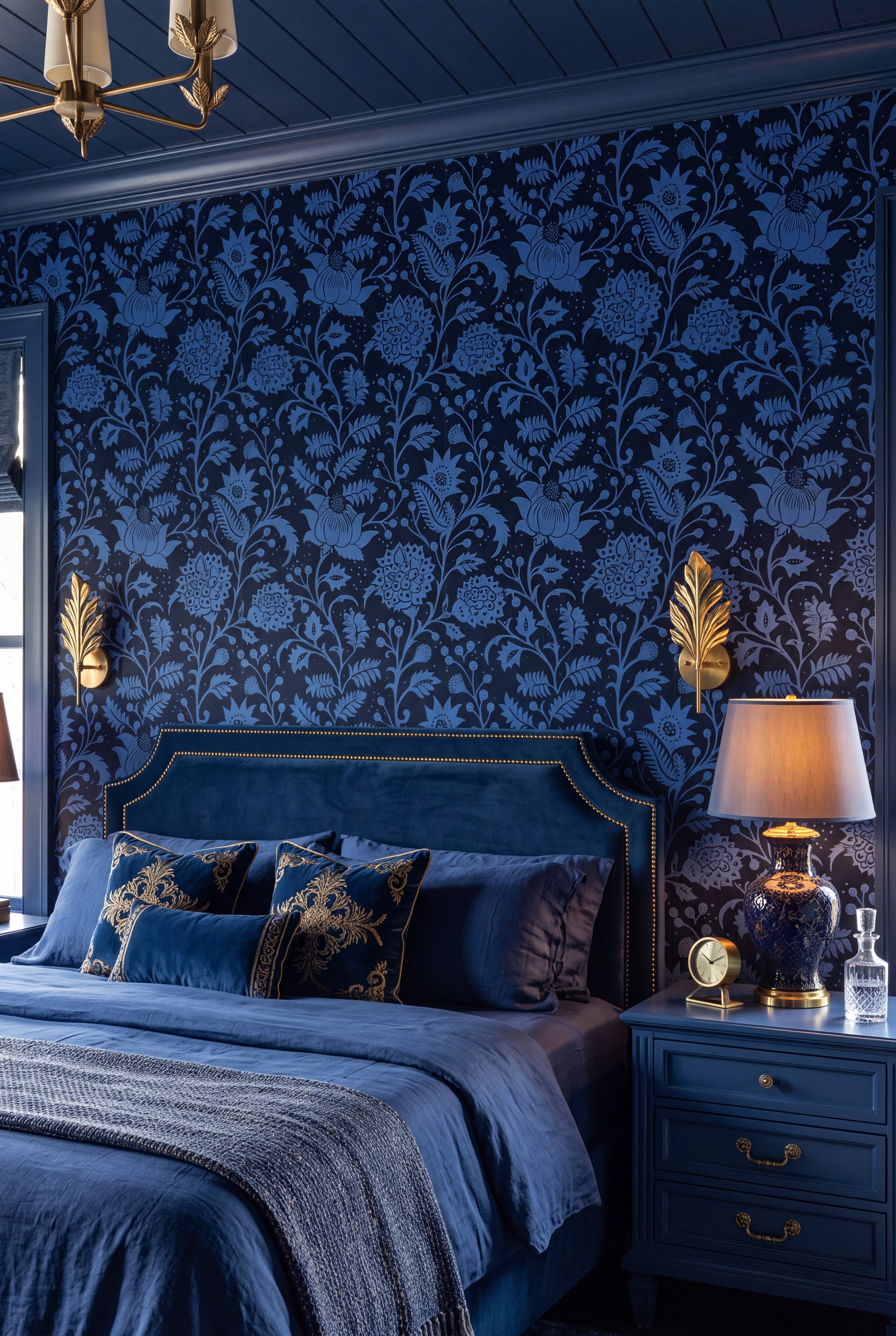 Baltic Bloom wallpaper shown in a bedroom