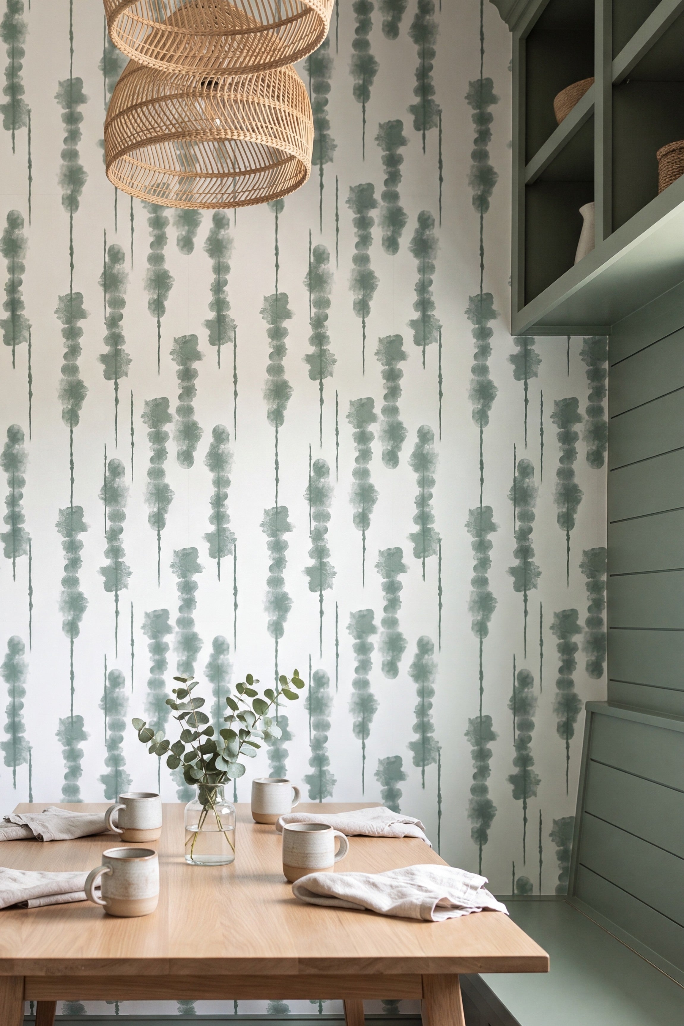 Shibori Stripe wallpaper shown in a cozy nook