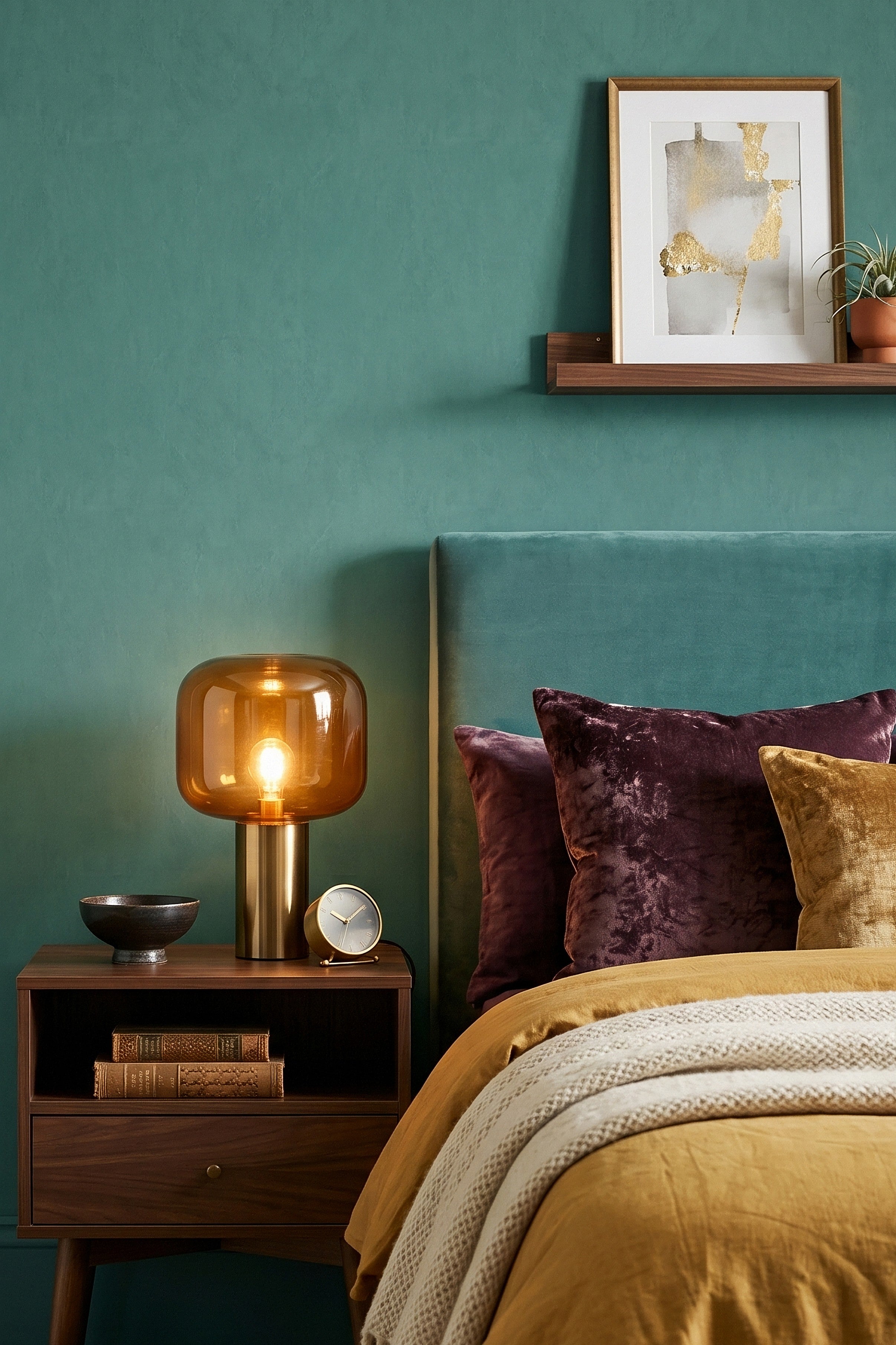 Verdigris wallpaper shown in a bedroom