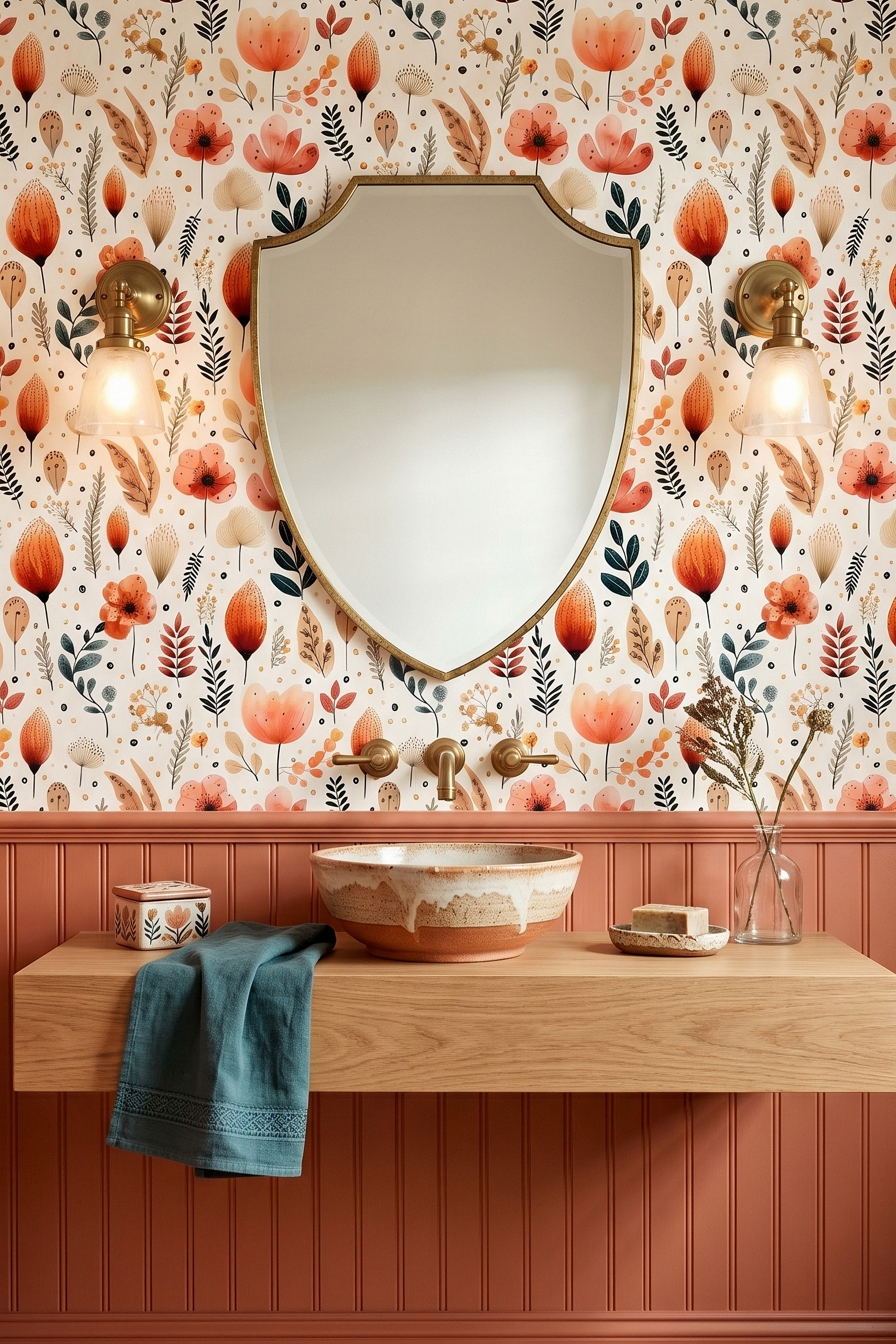 Clay Meadow wallpaper shown in a powder room