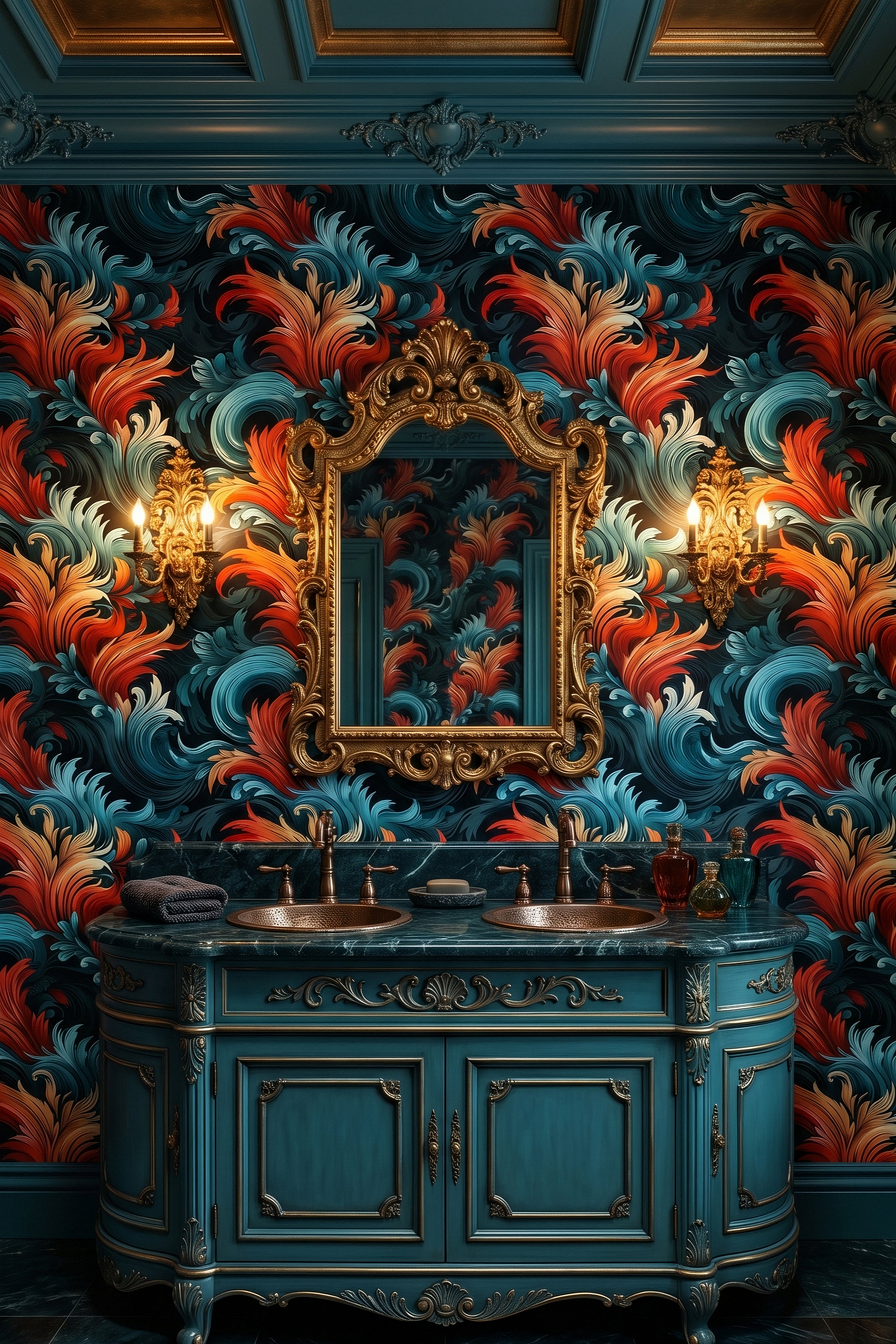 Acanthus Ember wallpaper shown in a powder room