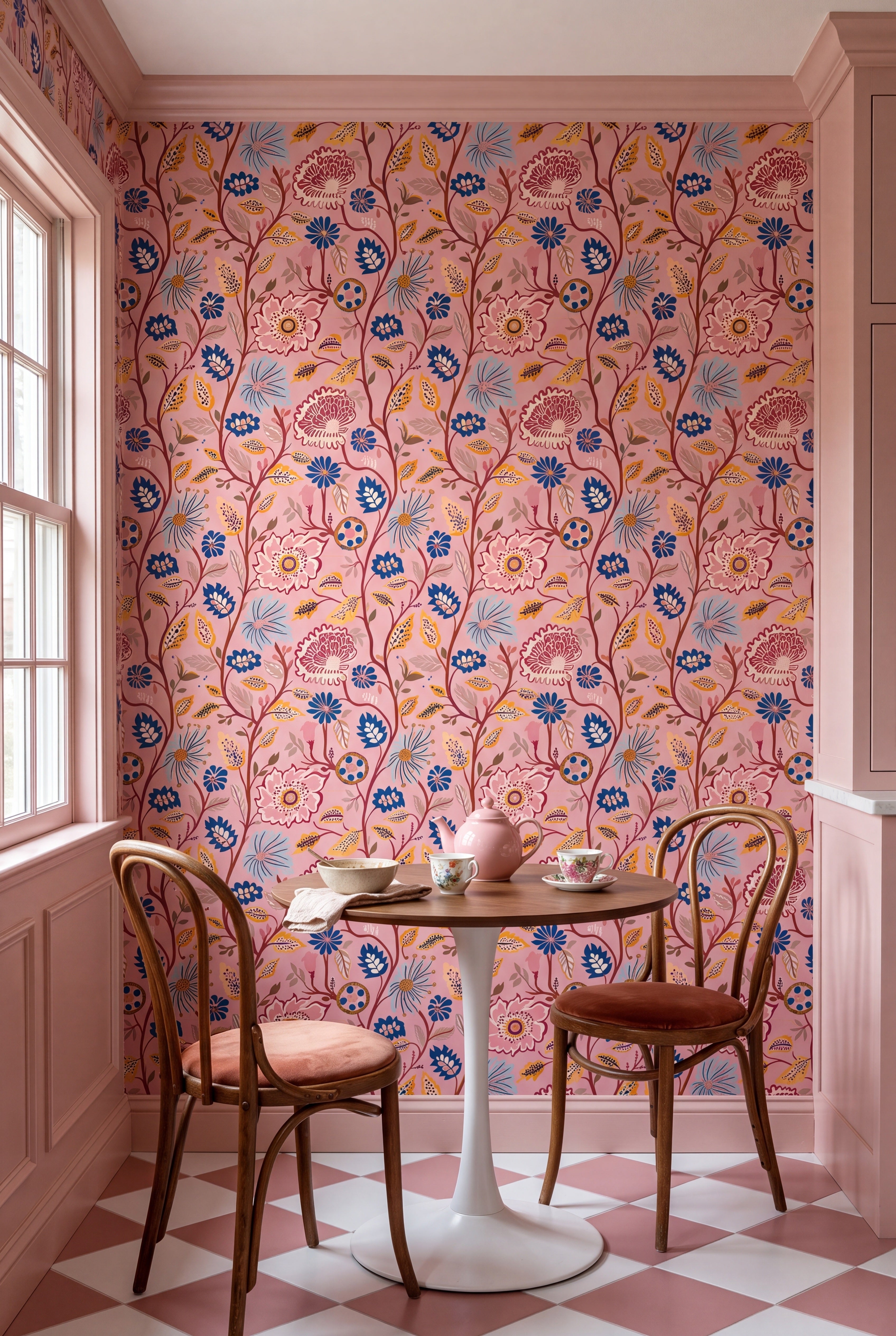 Rosewater Manor wallpaper shown in a cozy nook