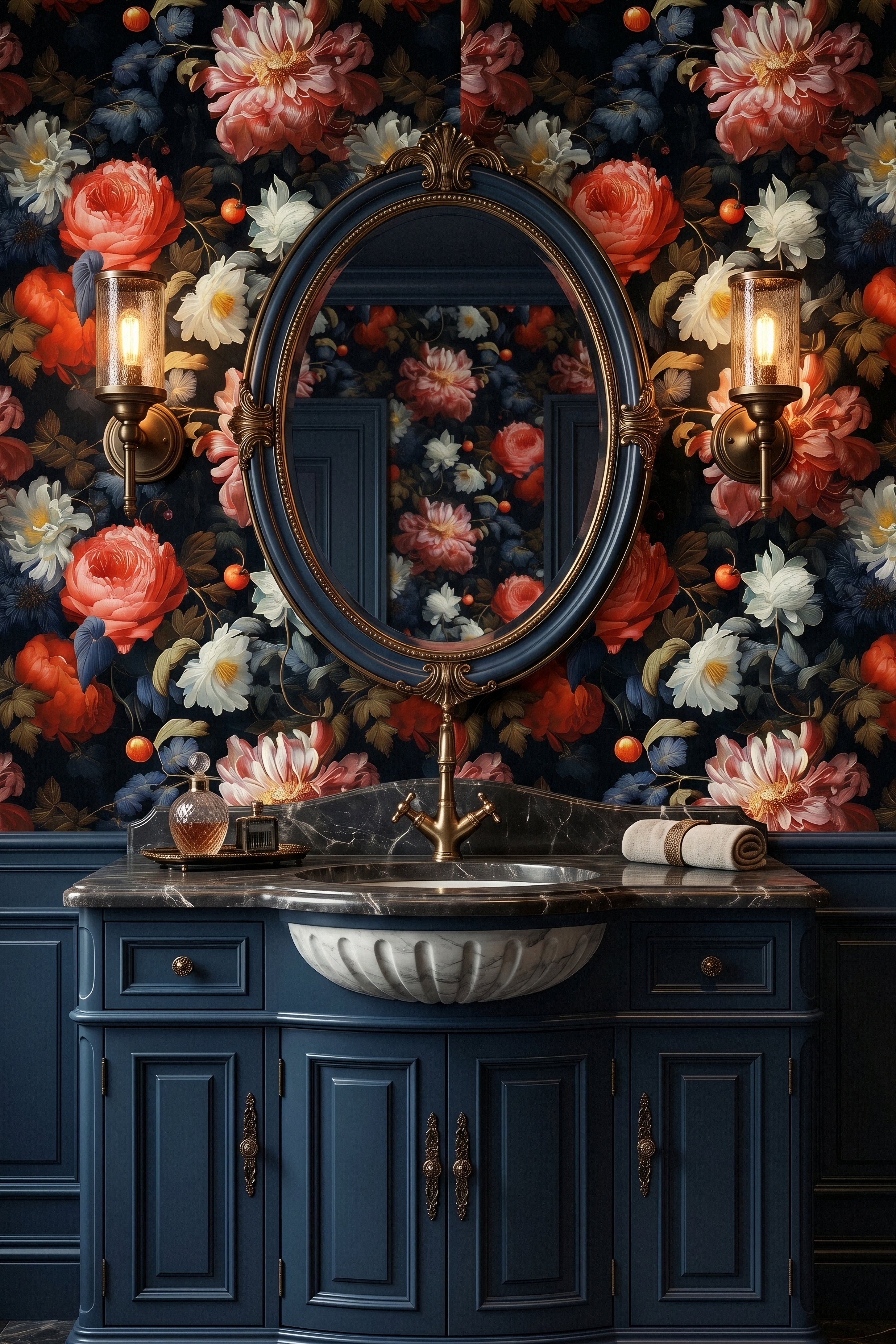Dutch Nocturne wallpaper shown in a powder room