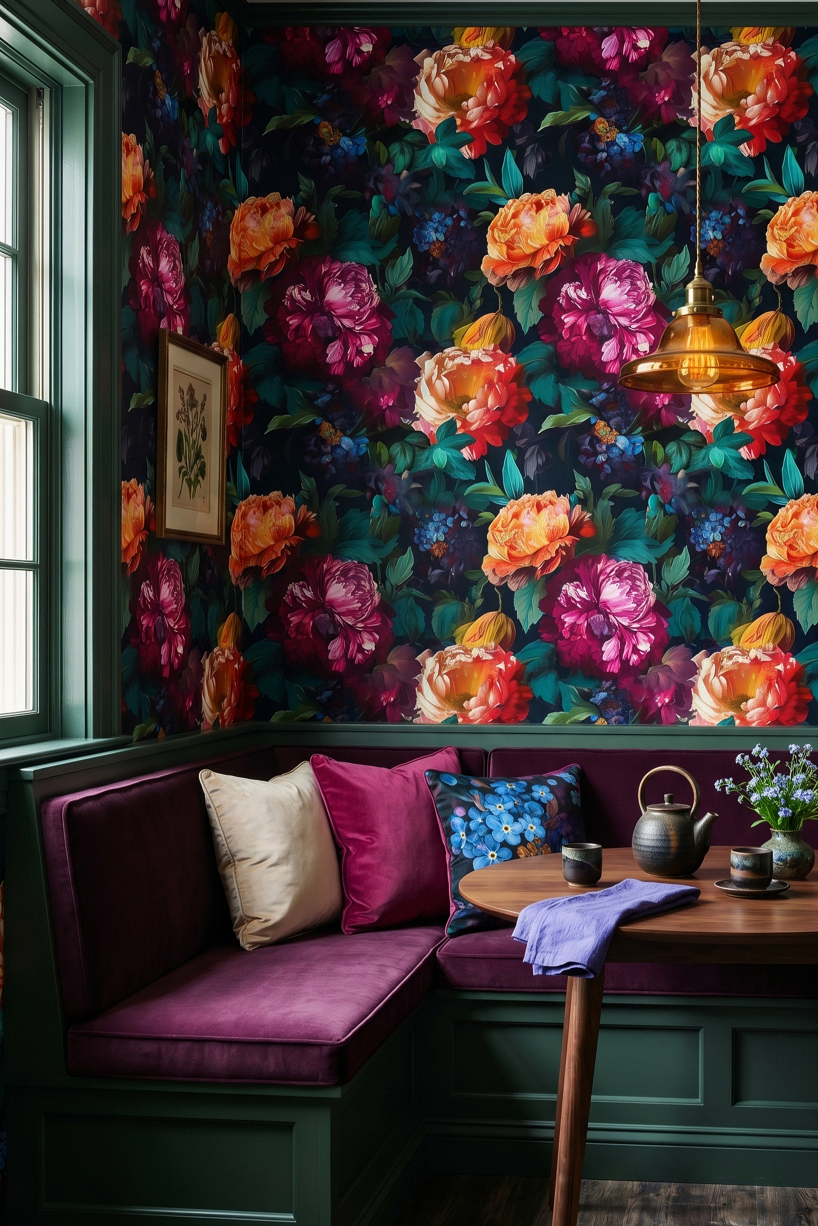 Moonflower wallpaper shown in a cozy nook