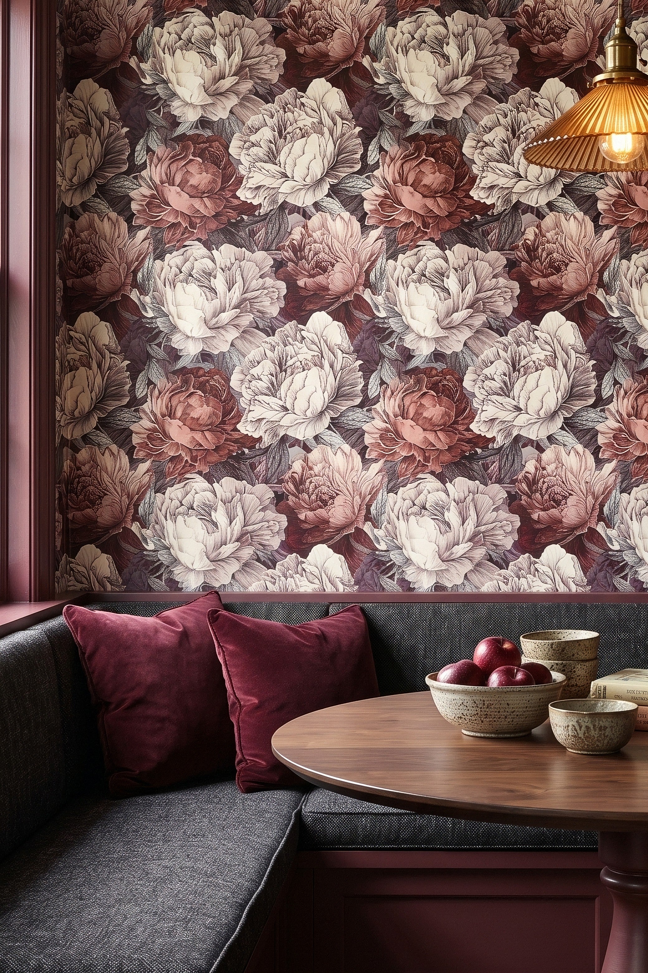 Phantom Peony wallpaper shown in a cozy nook