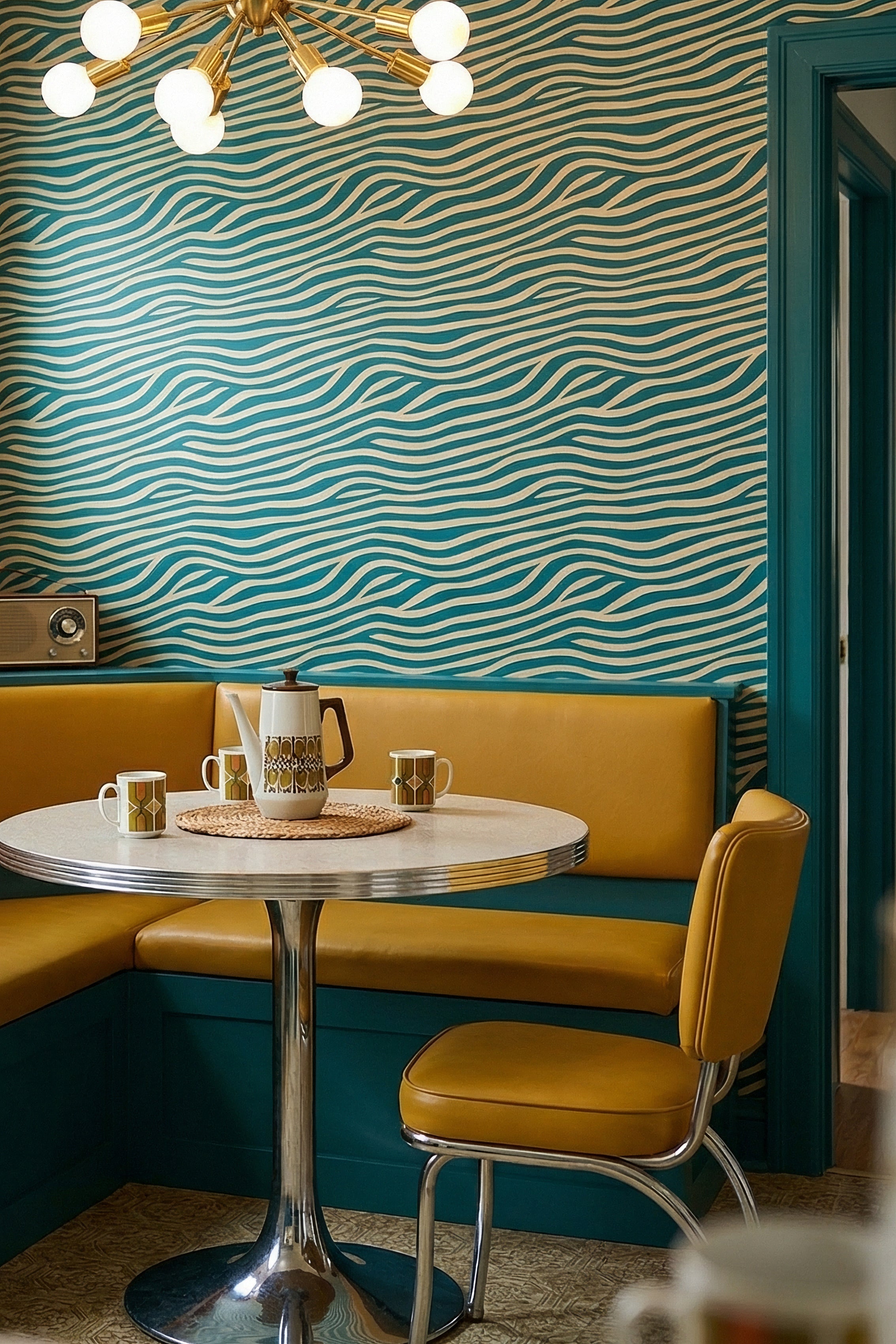 Green Room wallpaper shown in a cozy nook