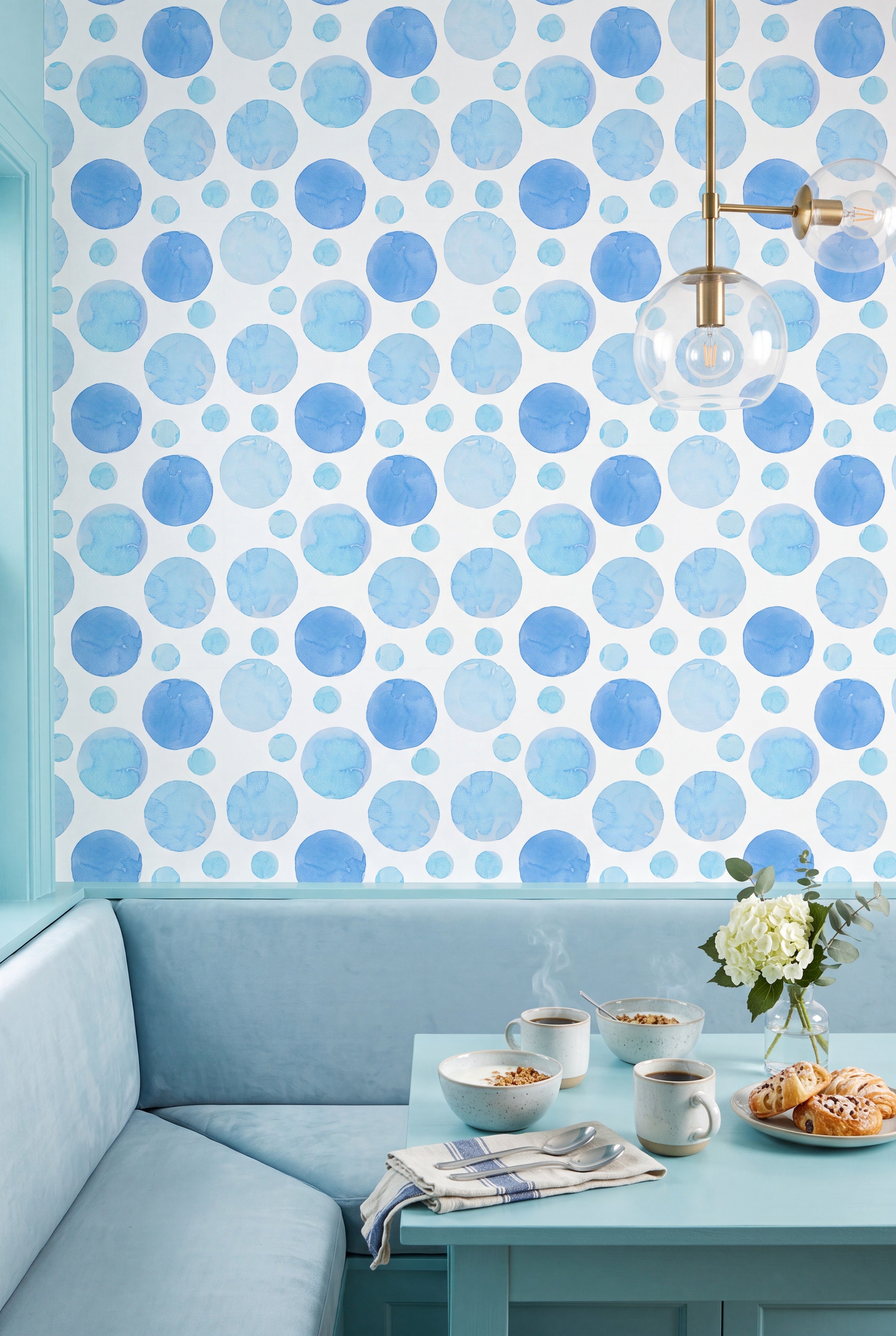 Aqua Dot wallpaper shown in a cozy nook
